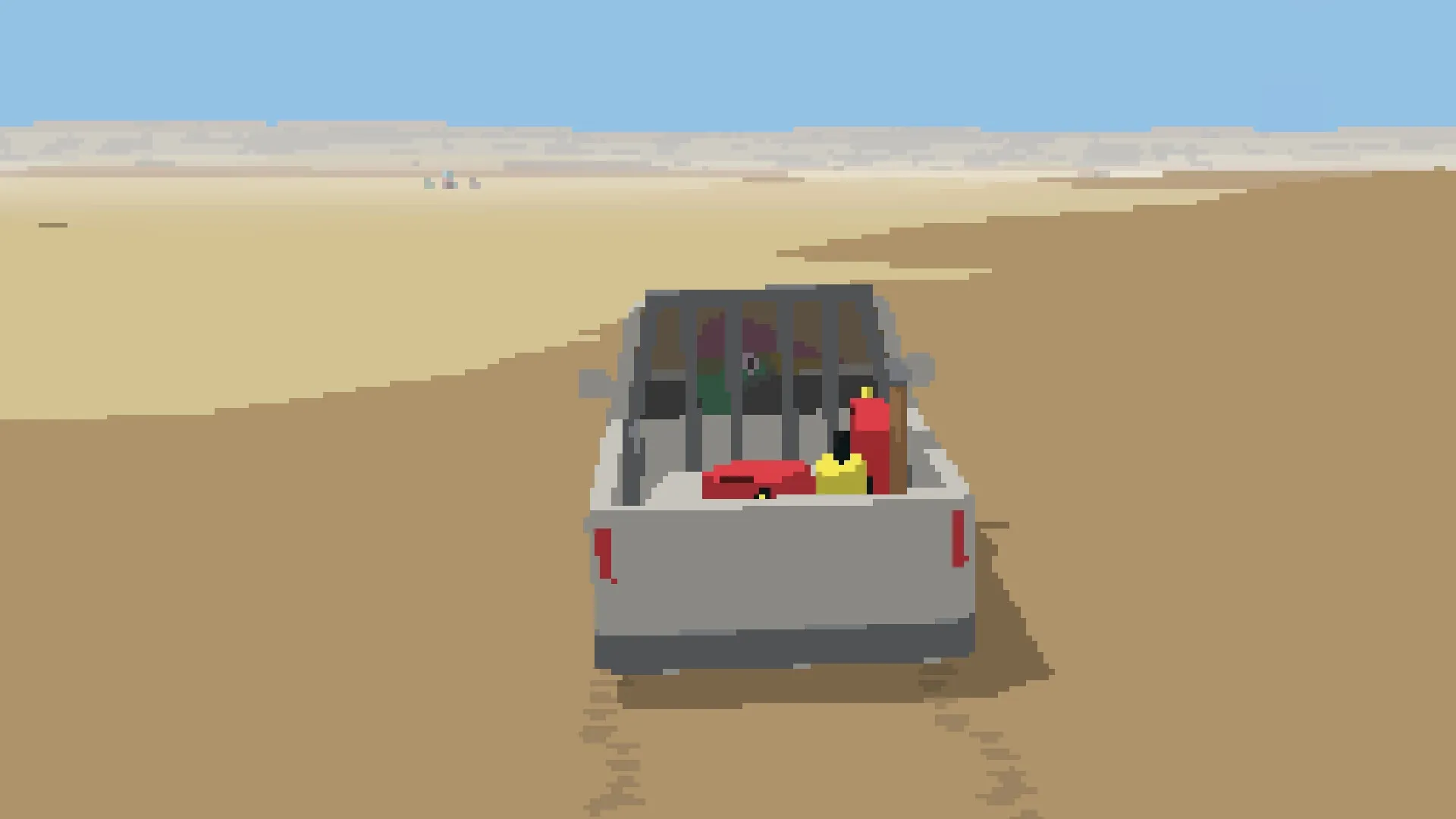 Goodlands: Driving a pickup truck through vast desert terrain with scattered supplies in the truck bed