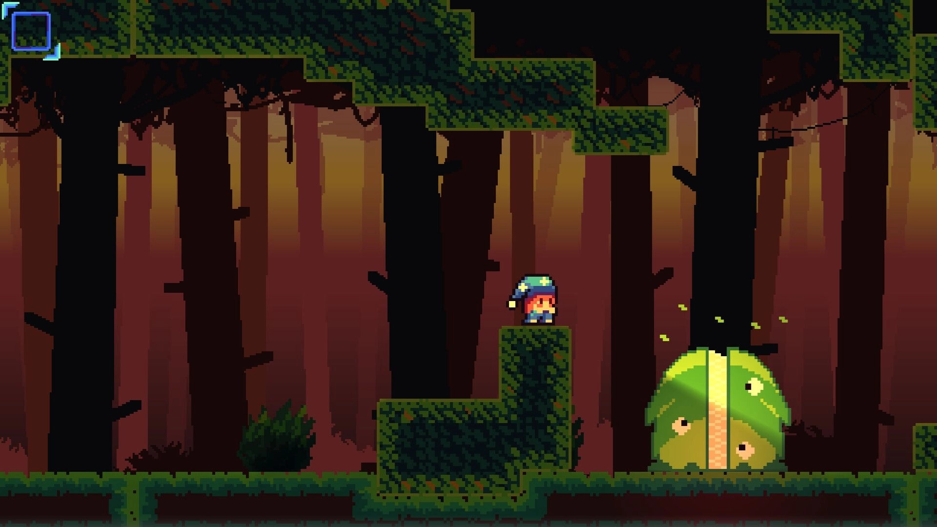 Goodnight, B: Girl stands on mossy block platform near giant plant pod in dark forest level.