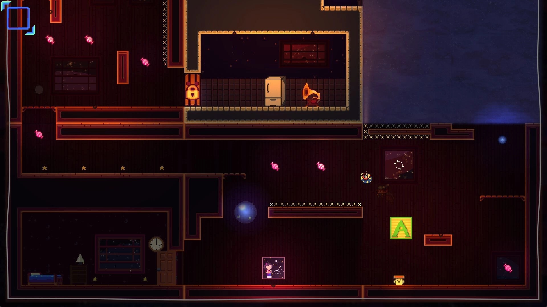 Goodnight, B: Girl jumps between platforms past candy hazards in a dark house maze with fridge and locks.