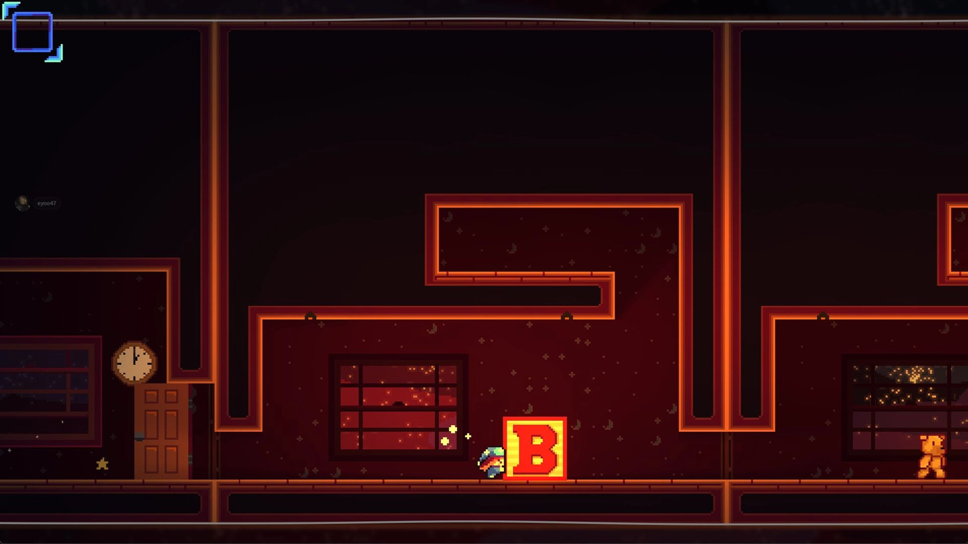 Goodnight, B: Girl pushes a giant red B block through a dim hallway with windows and a clock.