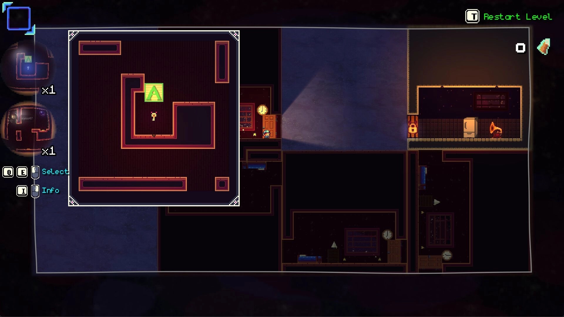 Goodnight, B: Level rotation puzzle UI over dark house rooms, girl stands by a door near a fridge.