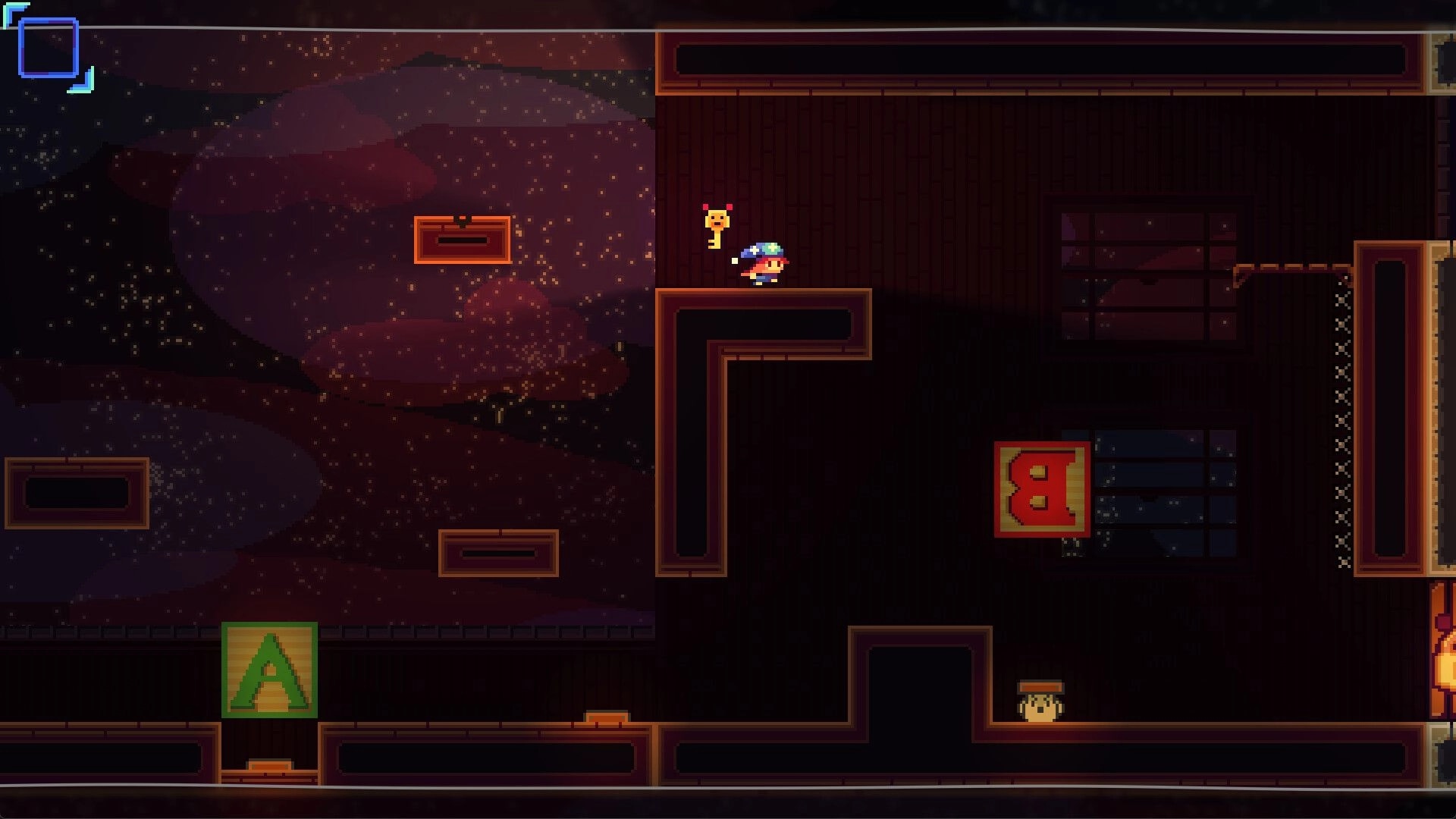 Goodnight, B: Girl stands by a blue starry mushroom on ledge in dark maze with letter blocks A and B.