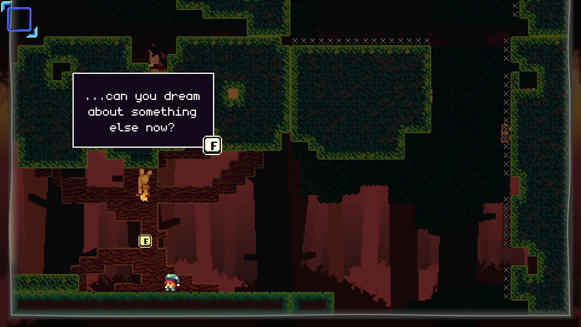 Goodnight, B: Dialogue box with “...can you dream about something else now?” in mossy cave level.