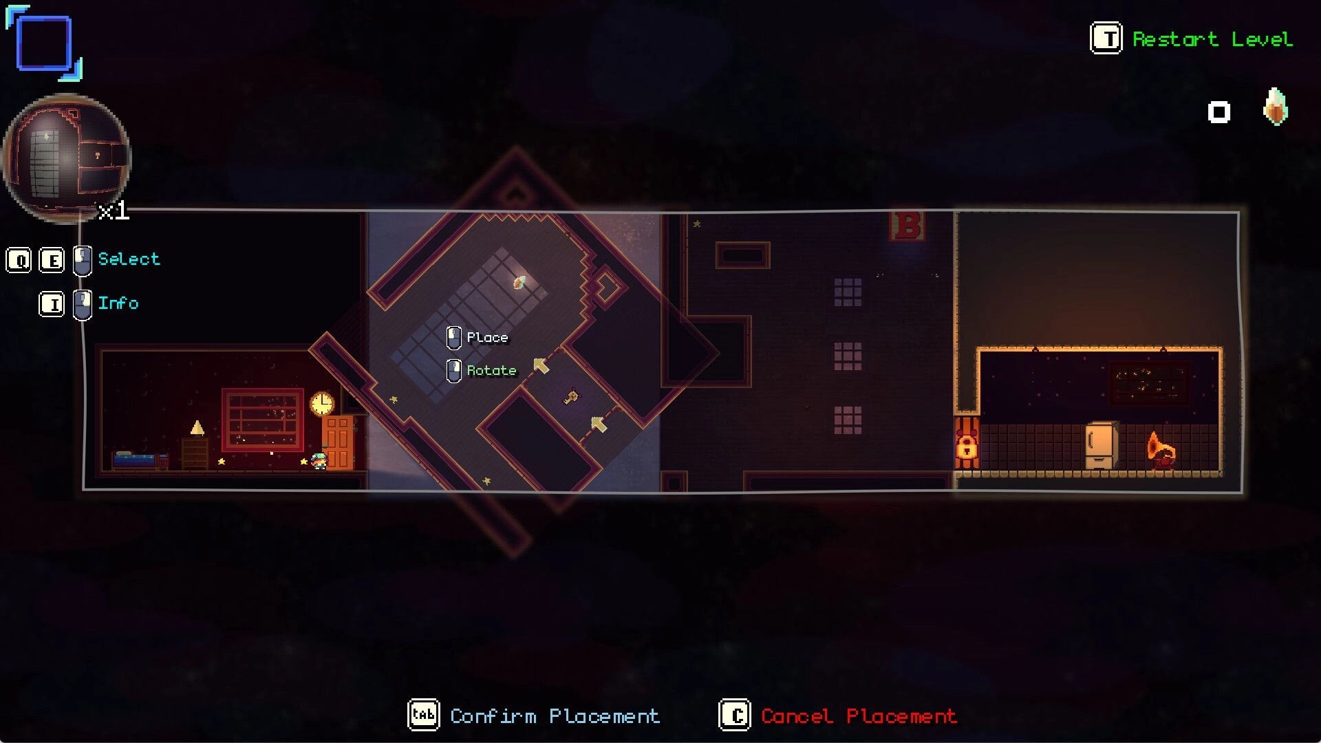 Goodnight, B: Rotating a room tile to place in a dark house map, with select and rotate prompts.