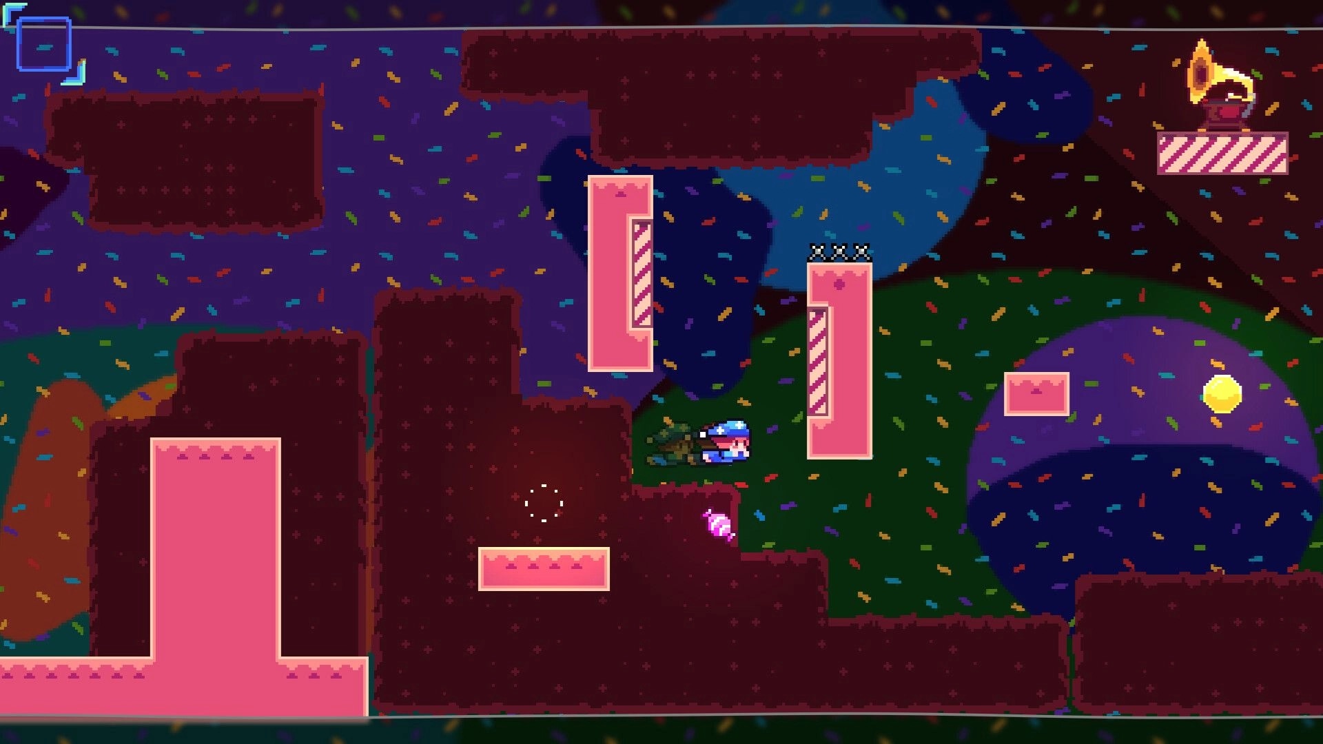 Goodnight, B: Girl stands by pink rotating blocks in confetti cave, coin on right ledge nearby.