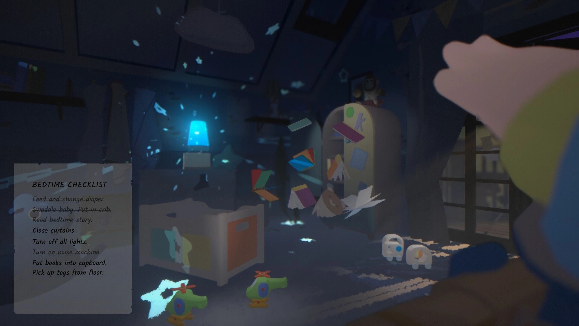 Goodnight Universe: Isaac's room with floating toys, glowing lamp, and bedtime checklist on wall.