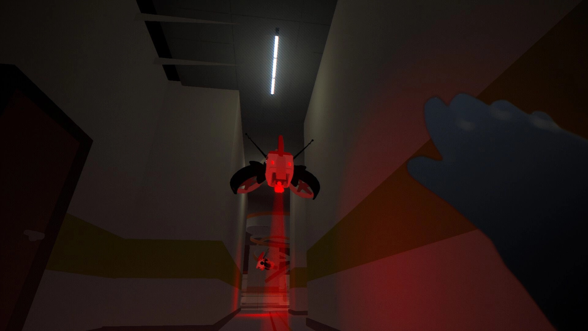 Goodnight Universe: Isaac encounters a hovering red drone in a dimly lit corridor with his hand raised.