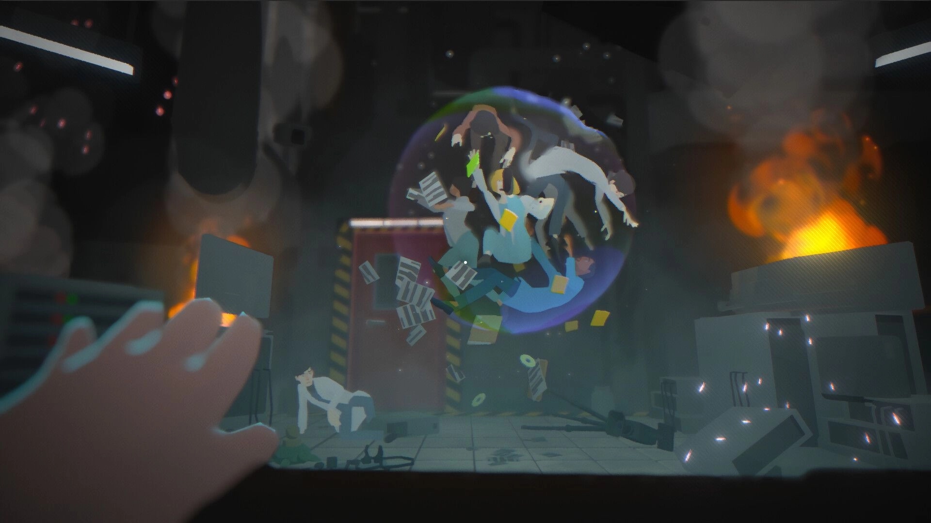Goodnight Universe: Isaac reaches toward floating debris and figures in a fiery, chaotic lab environment
