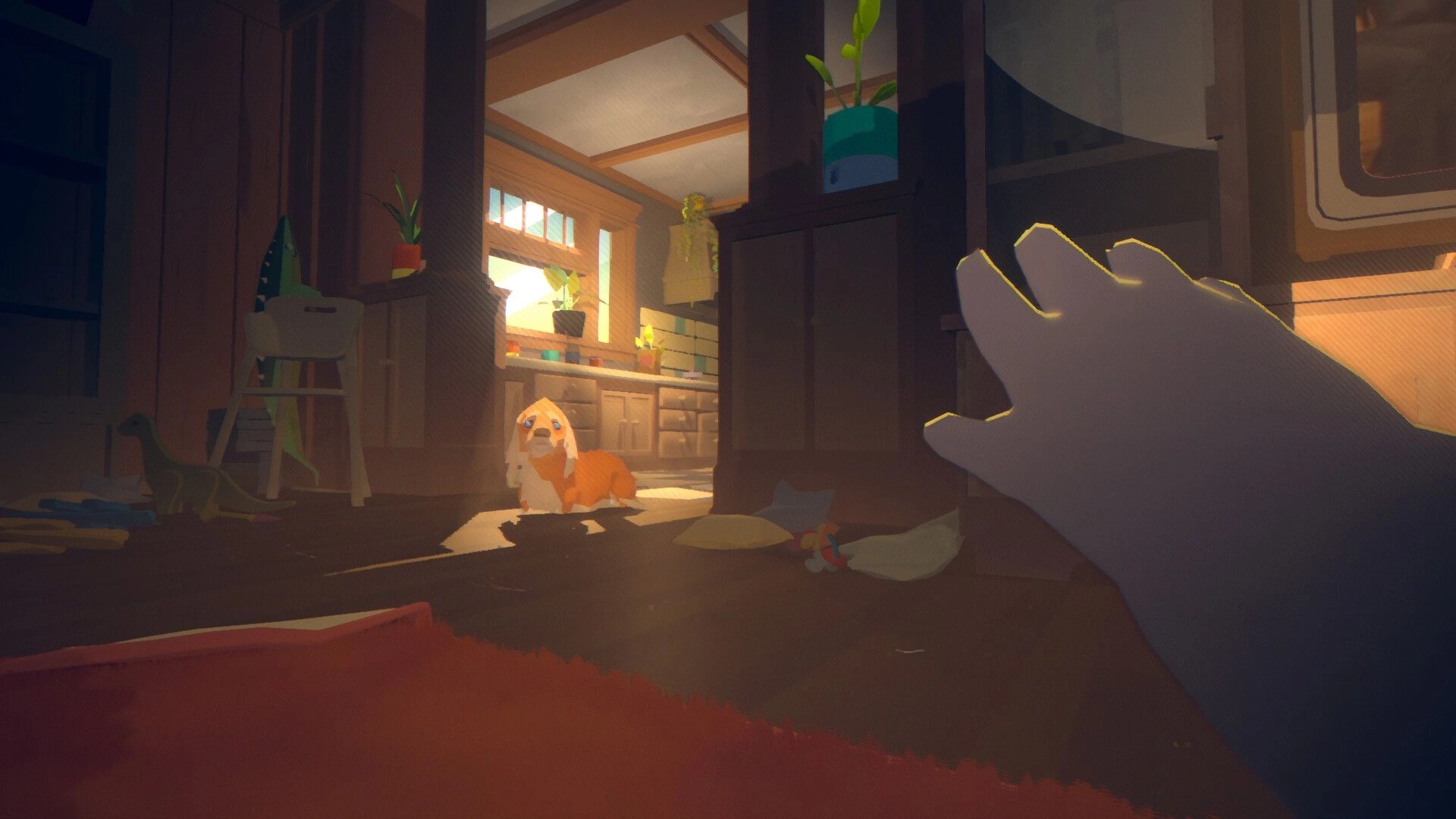 Goodnight Universe: Hand reaching towards a dog in a cozy, sunlit kitchen with scattered toys.