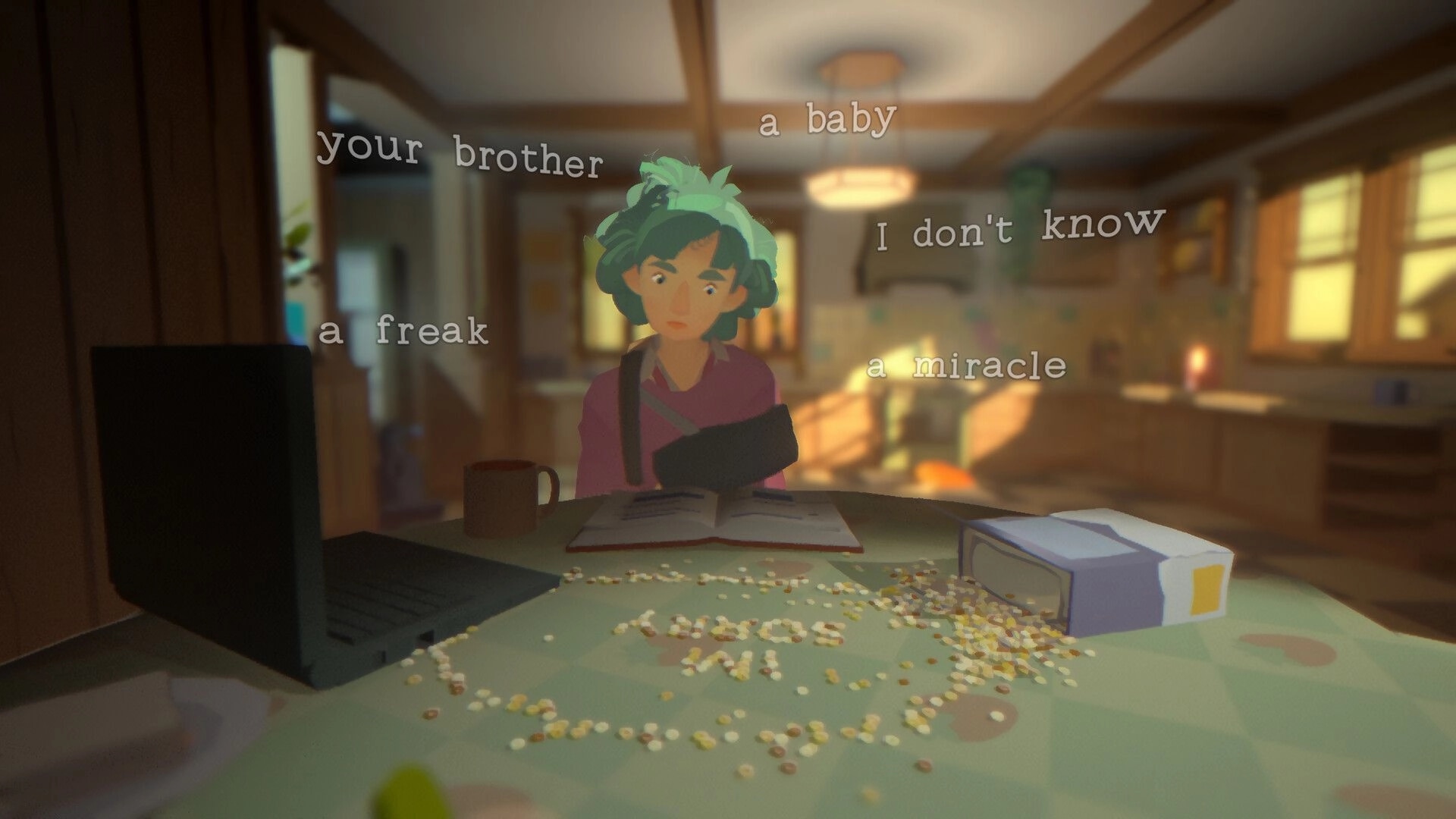 Goodnight Universe: Isaac in kitchen with open book, laptop, cereal on table, and floating words
