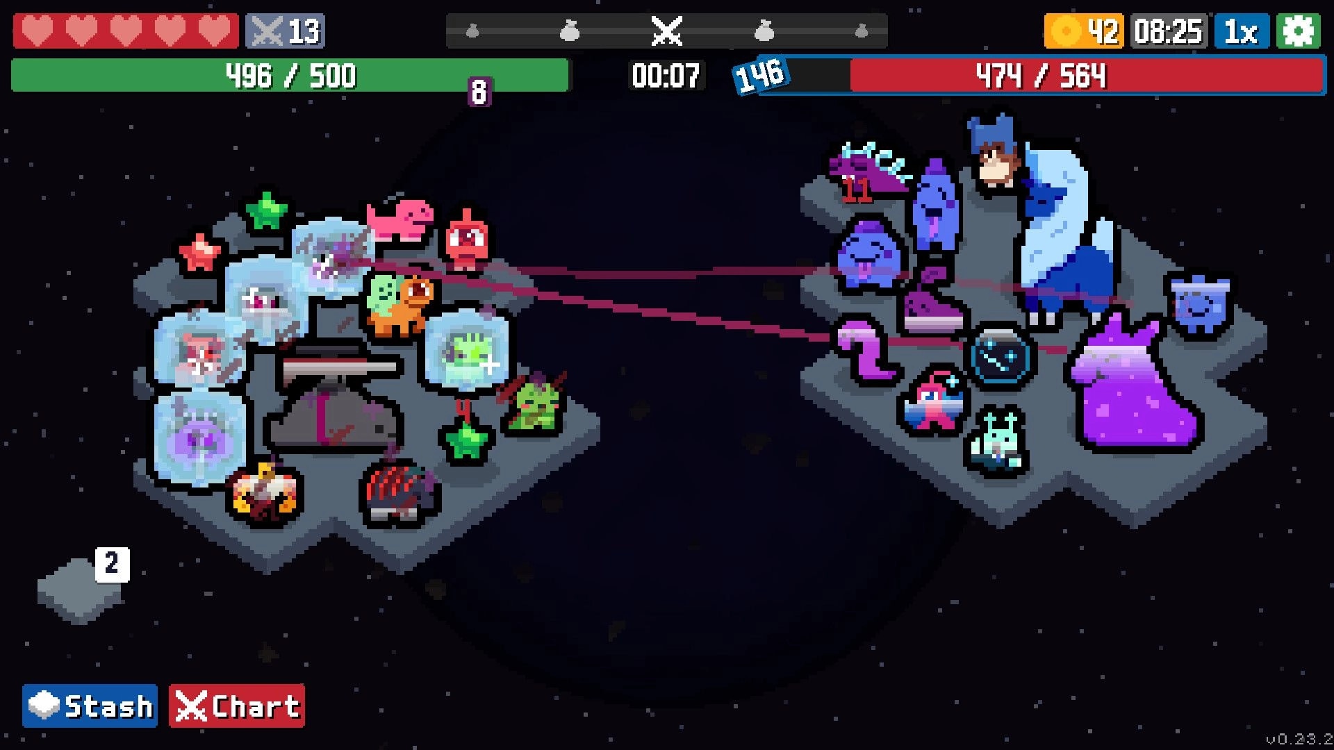 GOONS!: Auto-battle grid with alien units facing enemy squad, health bars and timer in space.