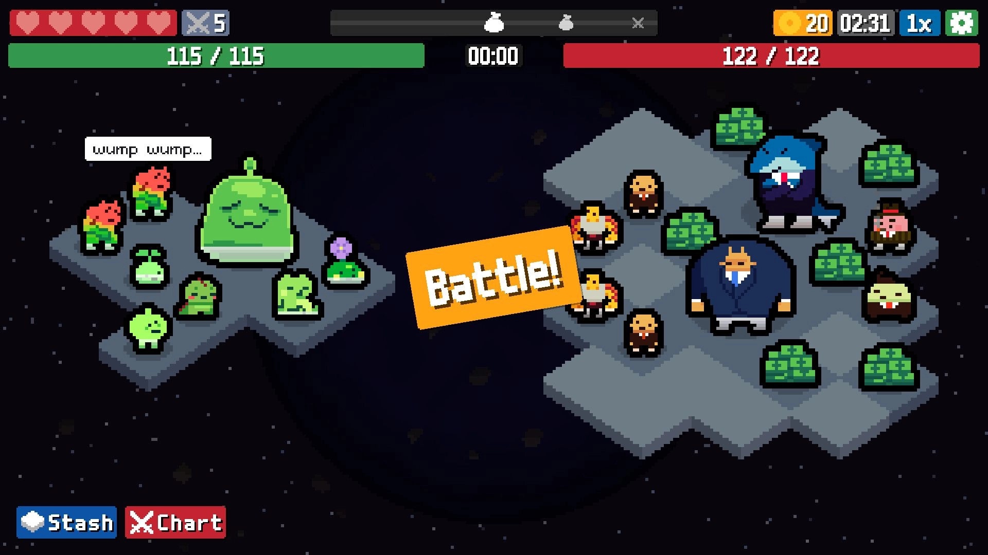 GOONS!: Battle screen with alien squad vs suited enemies, HP bars and timer over space tiles.