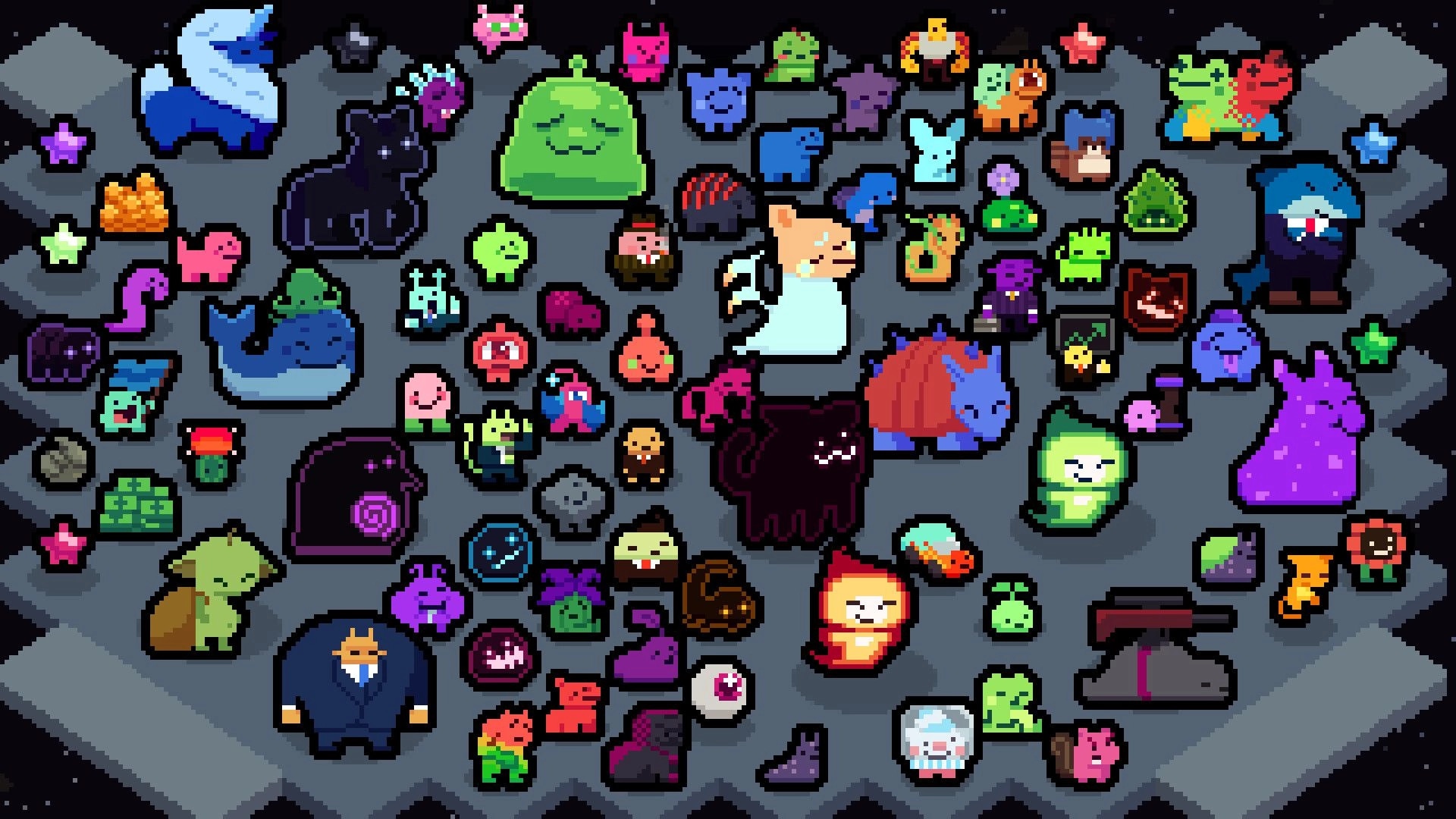 GOONS!: Packed roster grid of colorful alien units and creatures on a dark space-themed board UI.