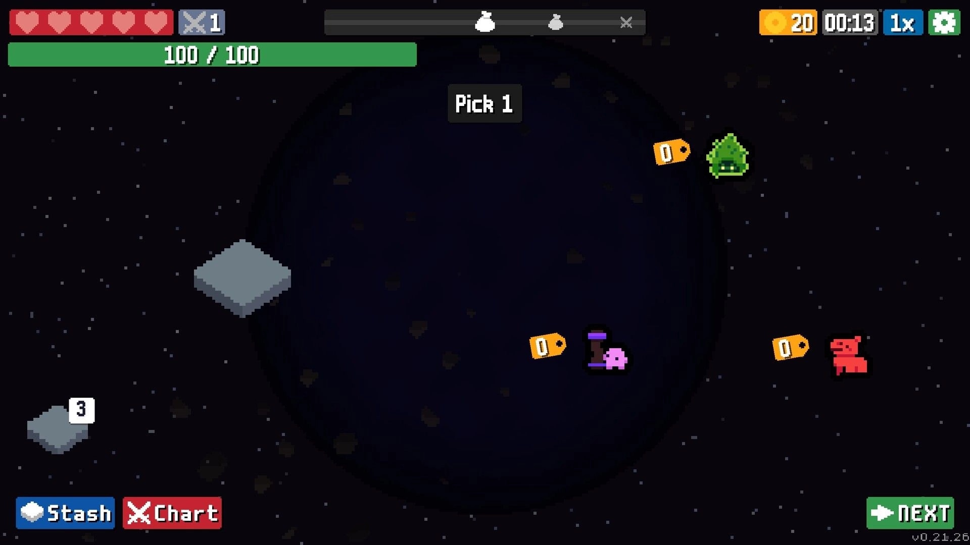 GOONS!: Pick 1 reward screen with three tagged alien icons in starfield map and NEXT button.