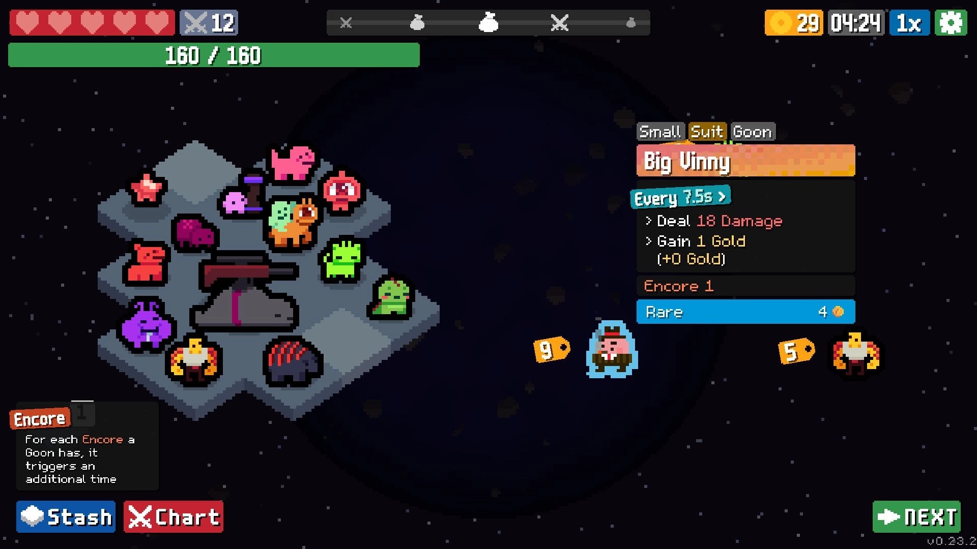 GOONS!: Big Vinny stats panel open beside alien squad grid on a floating platform in space.