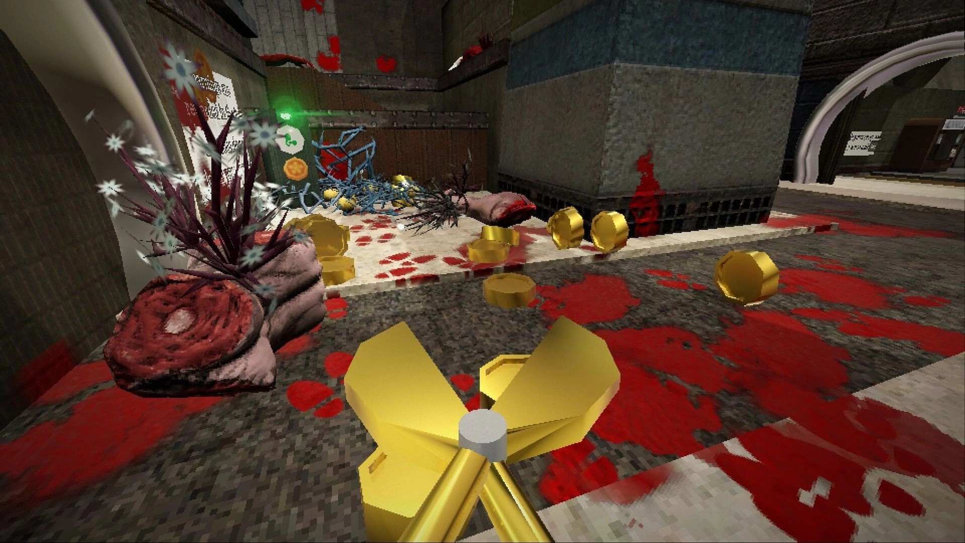 Goreticulture: First-person view holding gold shears in a blood-splattered corridor with plants and coins.