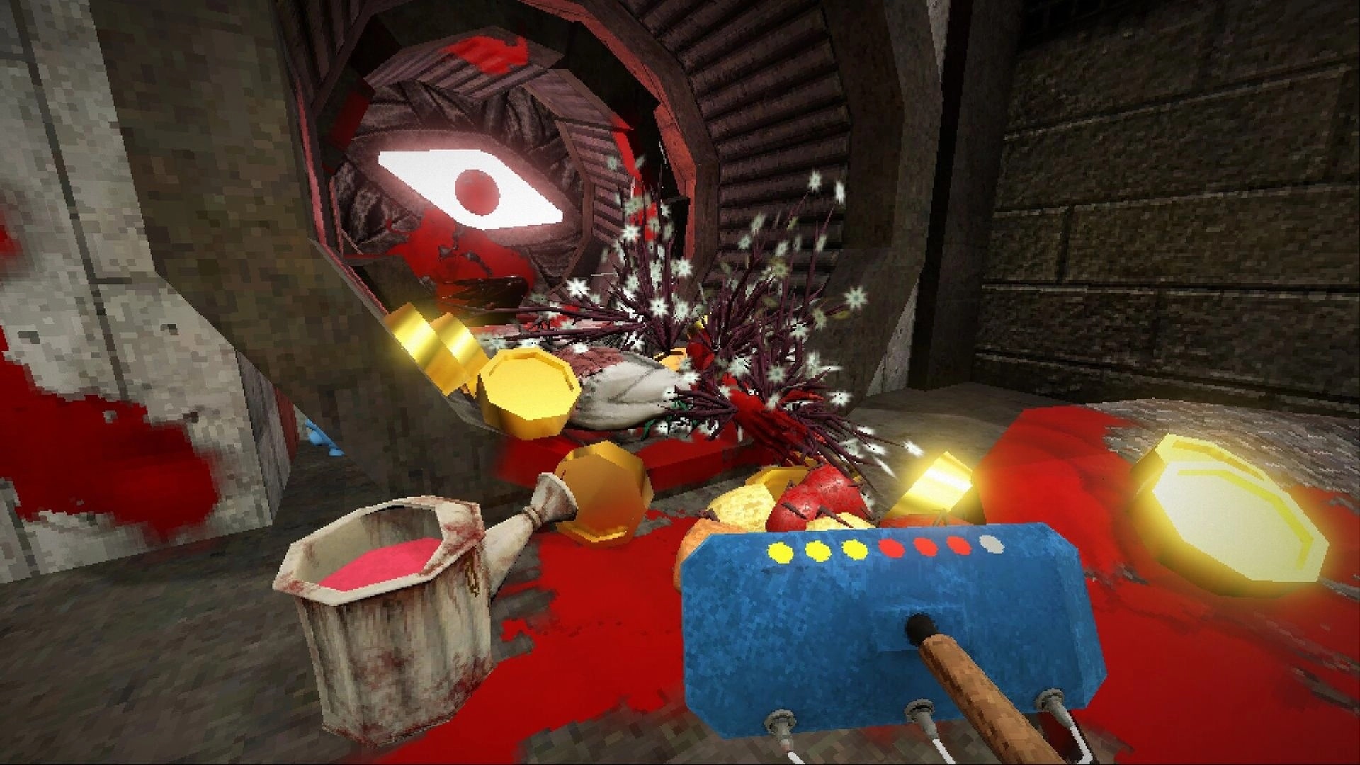 Goreticulture: First-person cleaning blood with mop tool near spiky plants in grim stone corridor room.