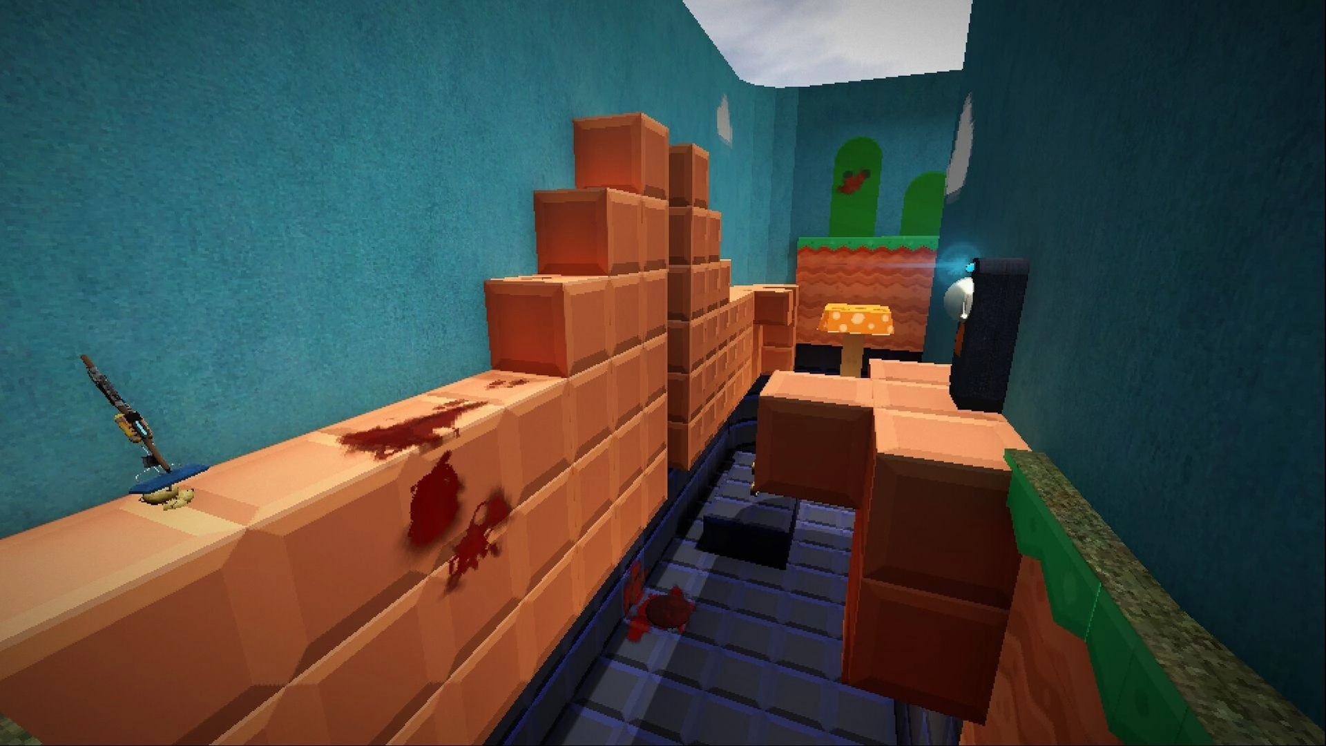Goreticulture: First-person view down blocky corridor with blood stains, boxes, and a glowing tool handle.