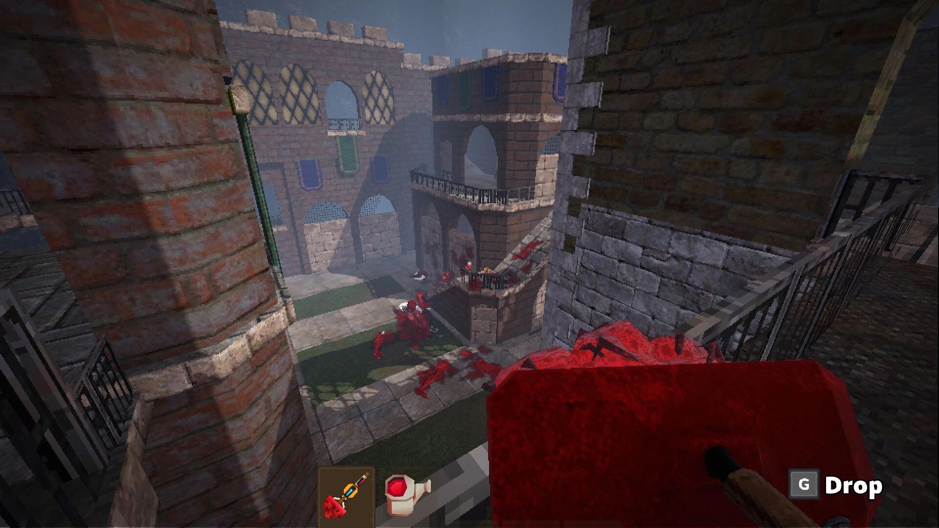 Goreticulture: Carrying a blood-soaked bundle past gore stains in a foggy brick castle courtyard, Drop prompt visible.