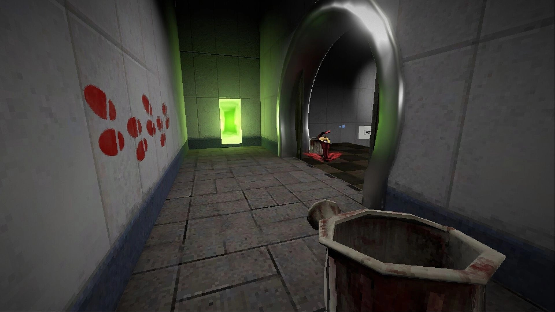 Goreticulture: First-person view holding a bloody mop bucket in tiled halls with red stains and green door.