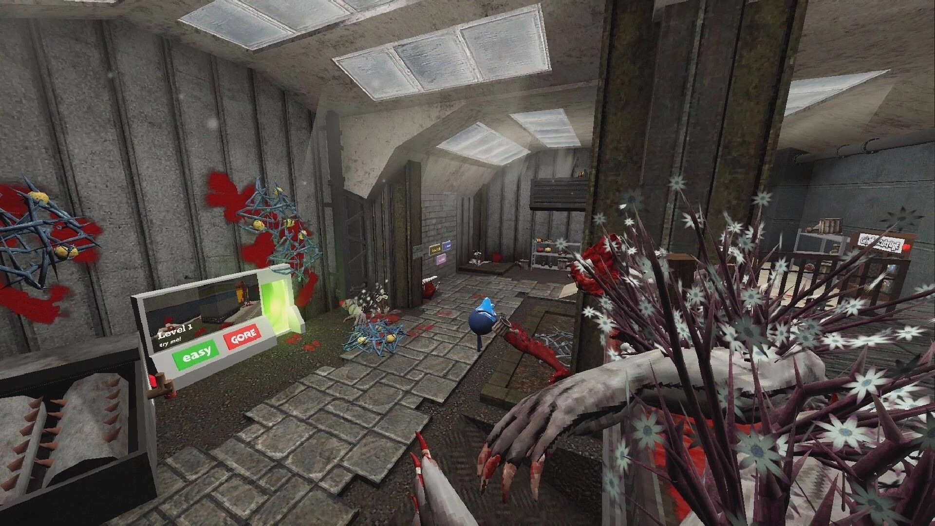 Goreticulture: Level select board with Easy and Gore buttons in a grimy, blood-stained corridor garden.