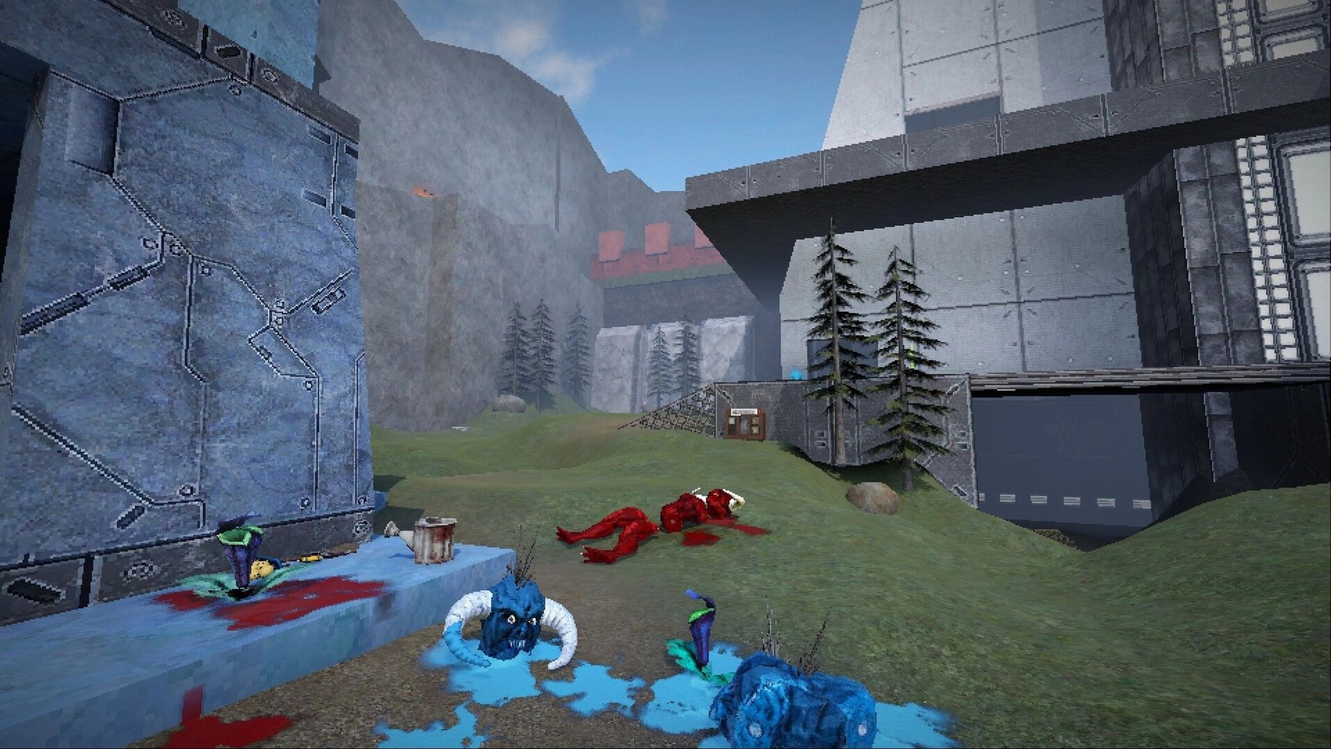 Goreticulture: Bloodied body and blue plant creatures by concrete base in a grassy canyon courtyard.