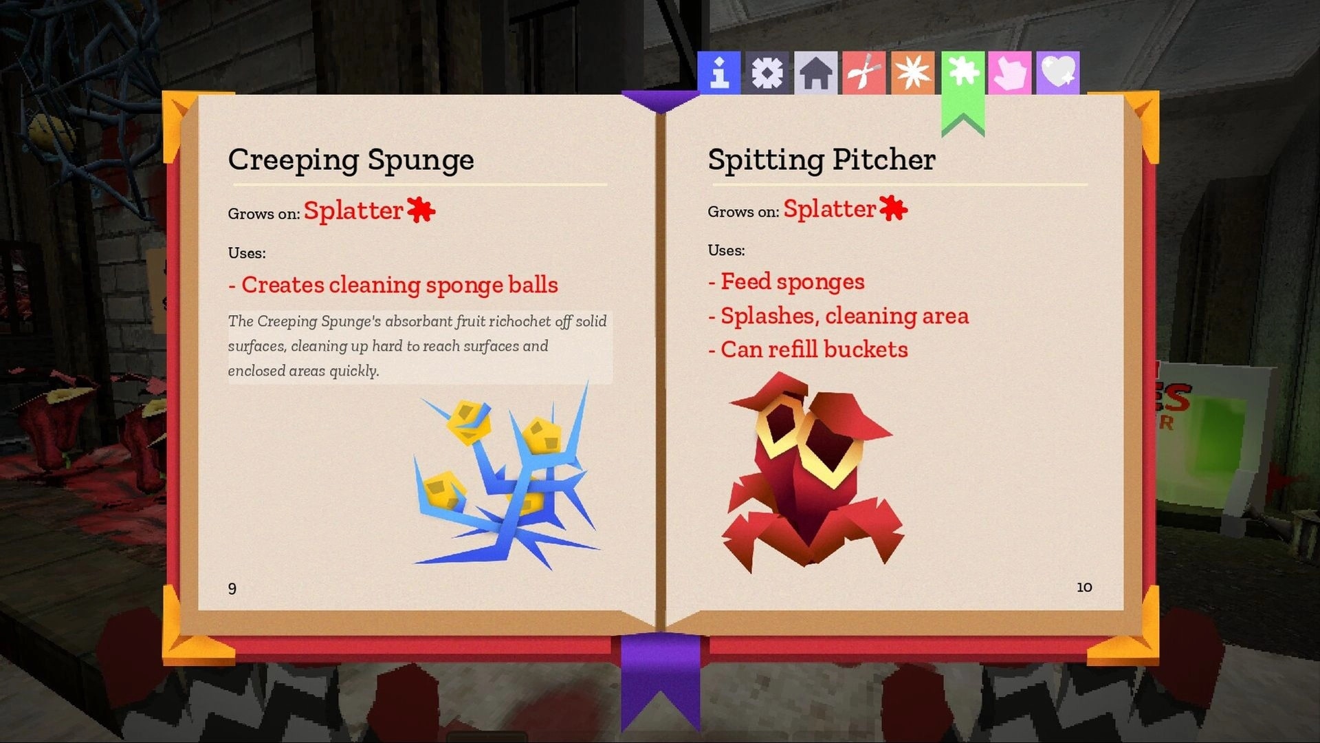 Goreticulture: Open plant guidebook UI listing Creeping Spunge and Spitting Pitcher in a grimy room.