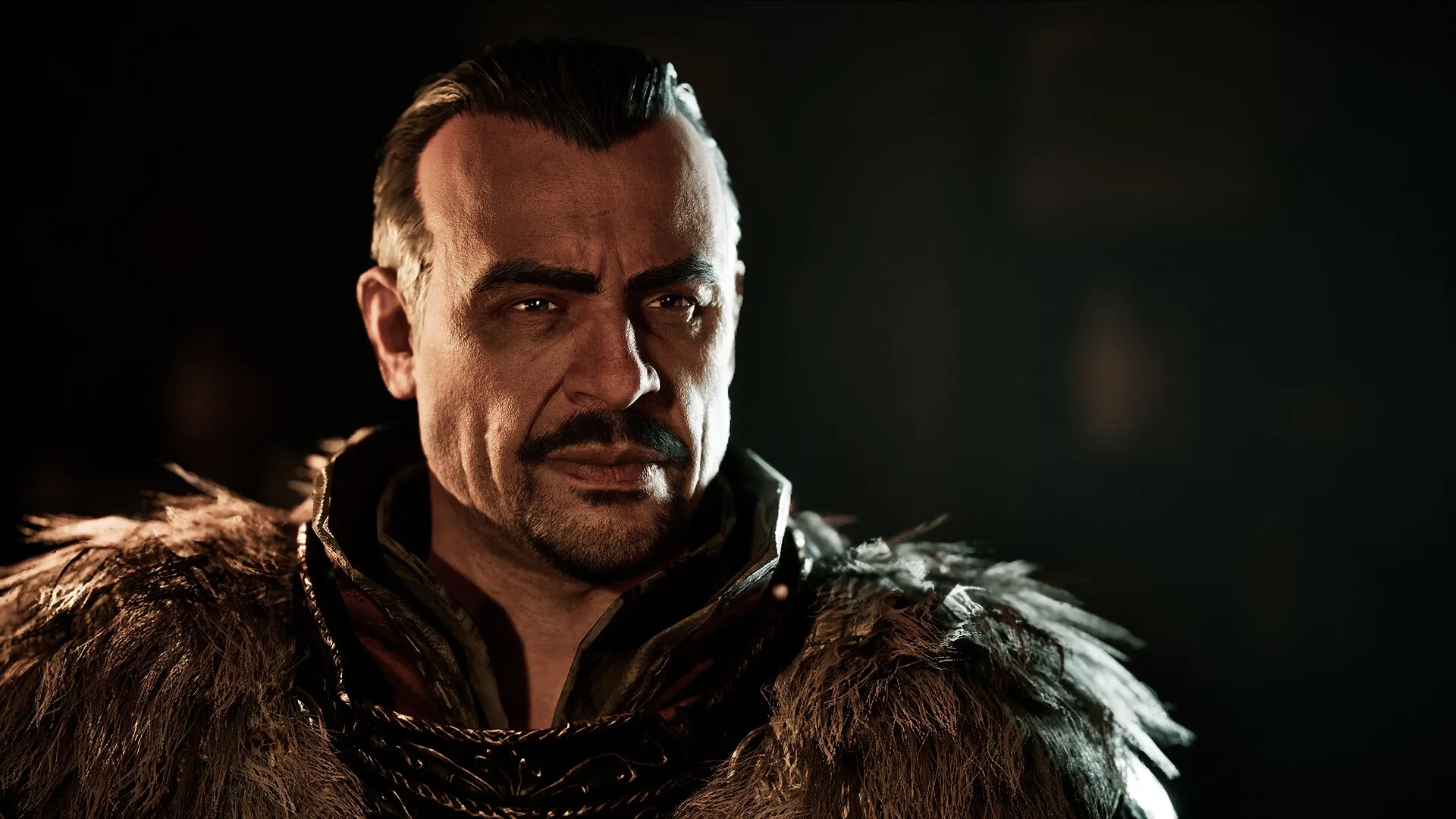 Gothic 1 Remake: Close-up of a character with a stern expression in a dimly lit environment