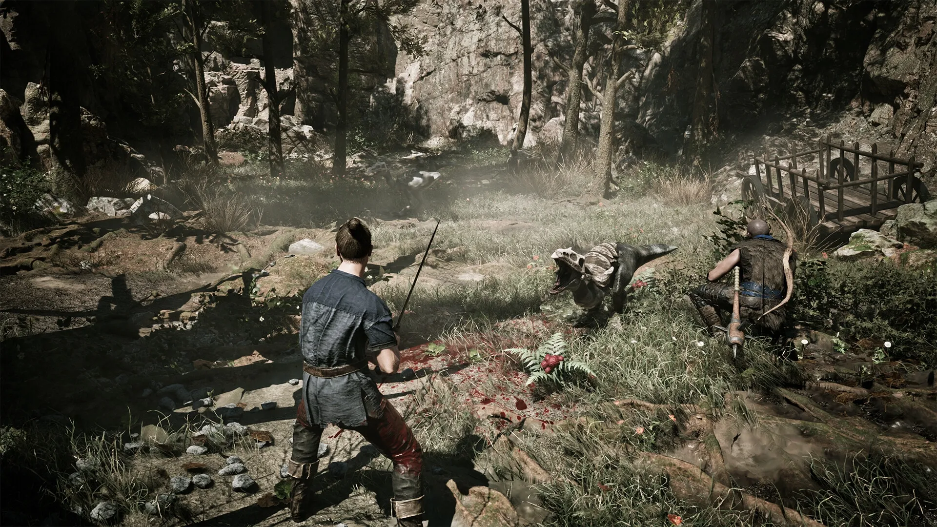 Gothic 1 Remake: Player facing off against a creature in a dense forest with a wooden cart nearby.