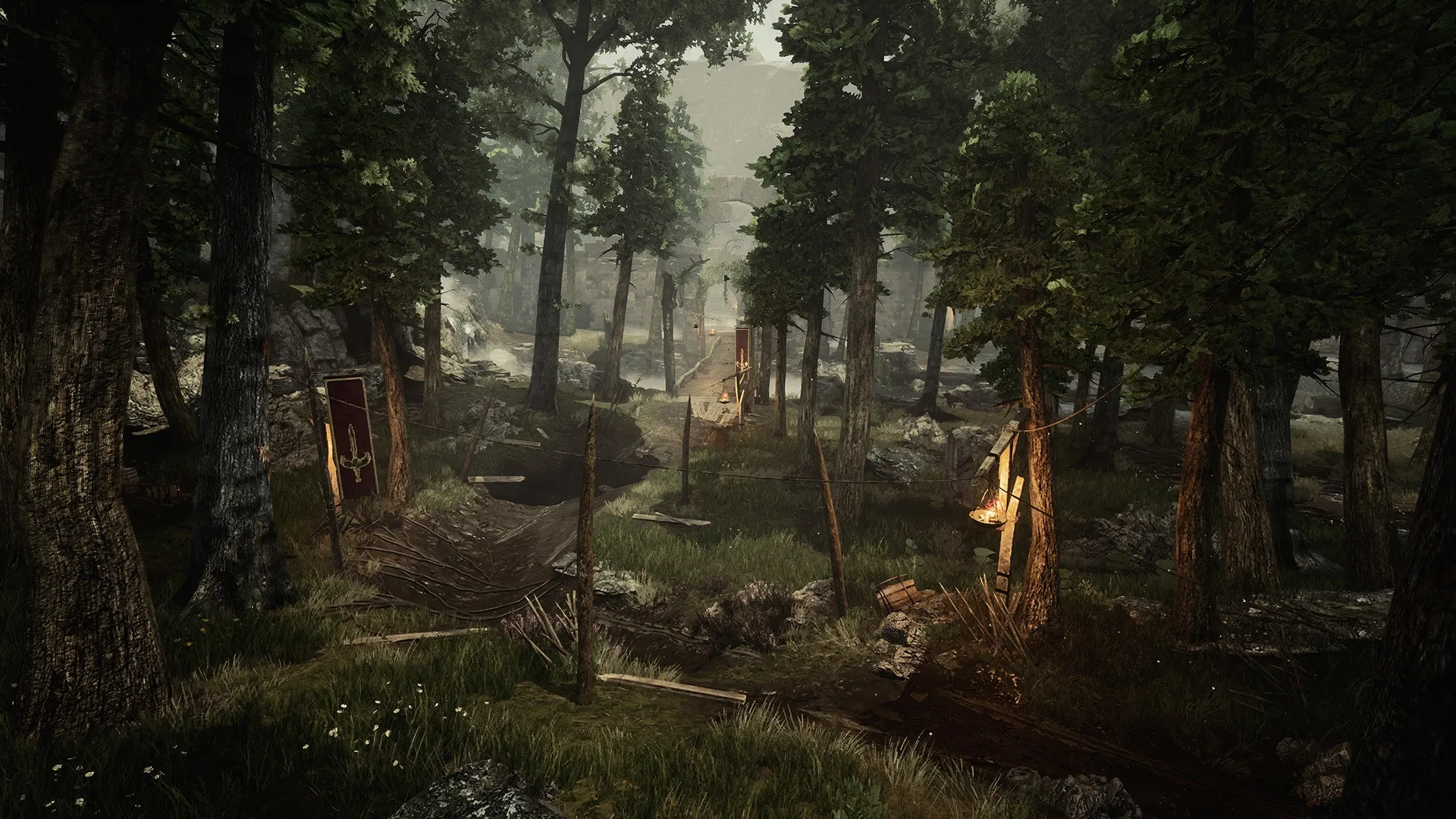 Gothic 1 Remake: Dense forest path with scattered debris and glowing lanterns in the Valley of the Mines.