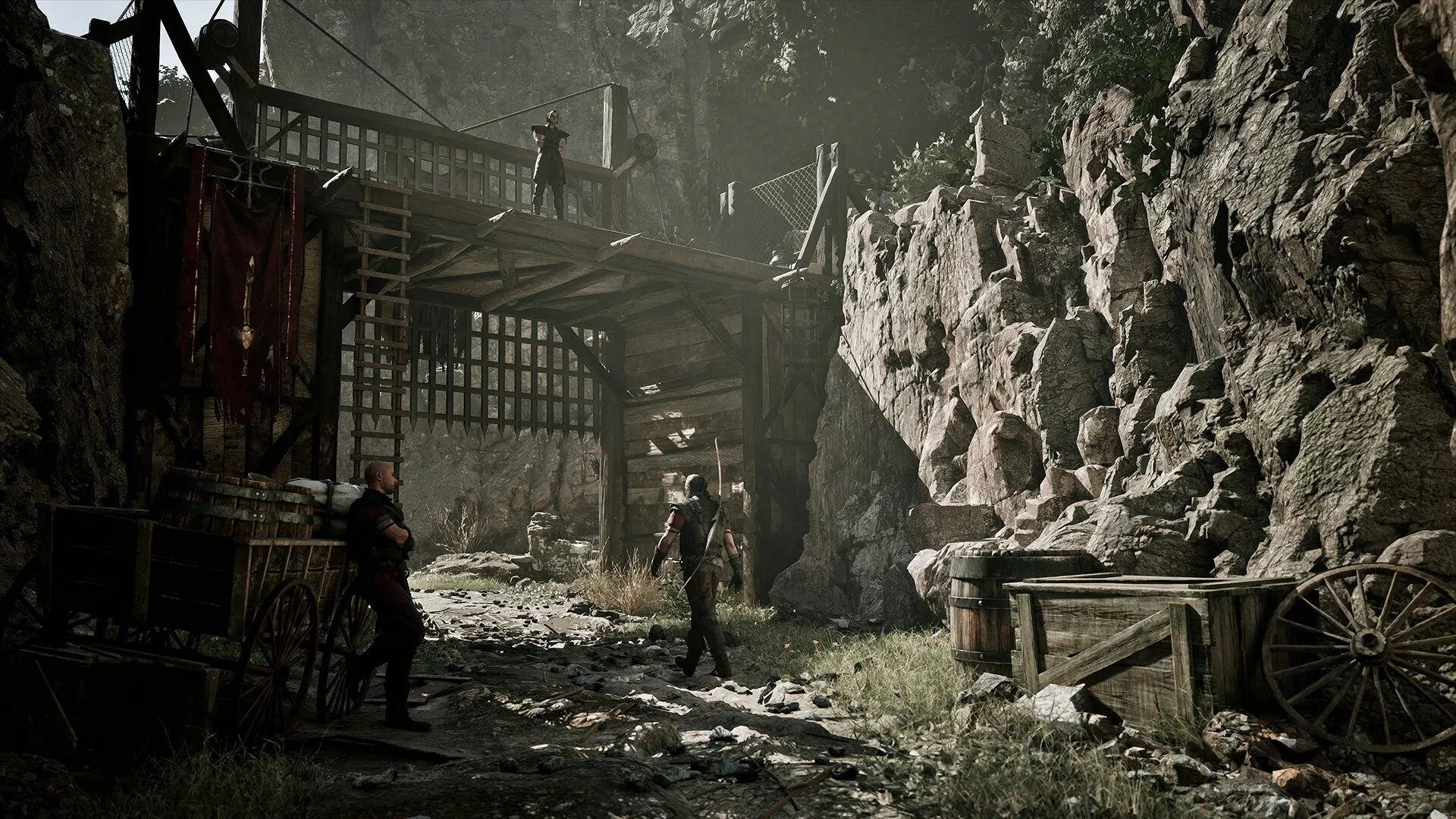 Gothic 1 Remake: Character walking towards fortress gate in rocky valley with guard on wooden platform
