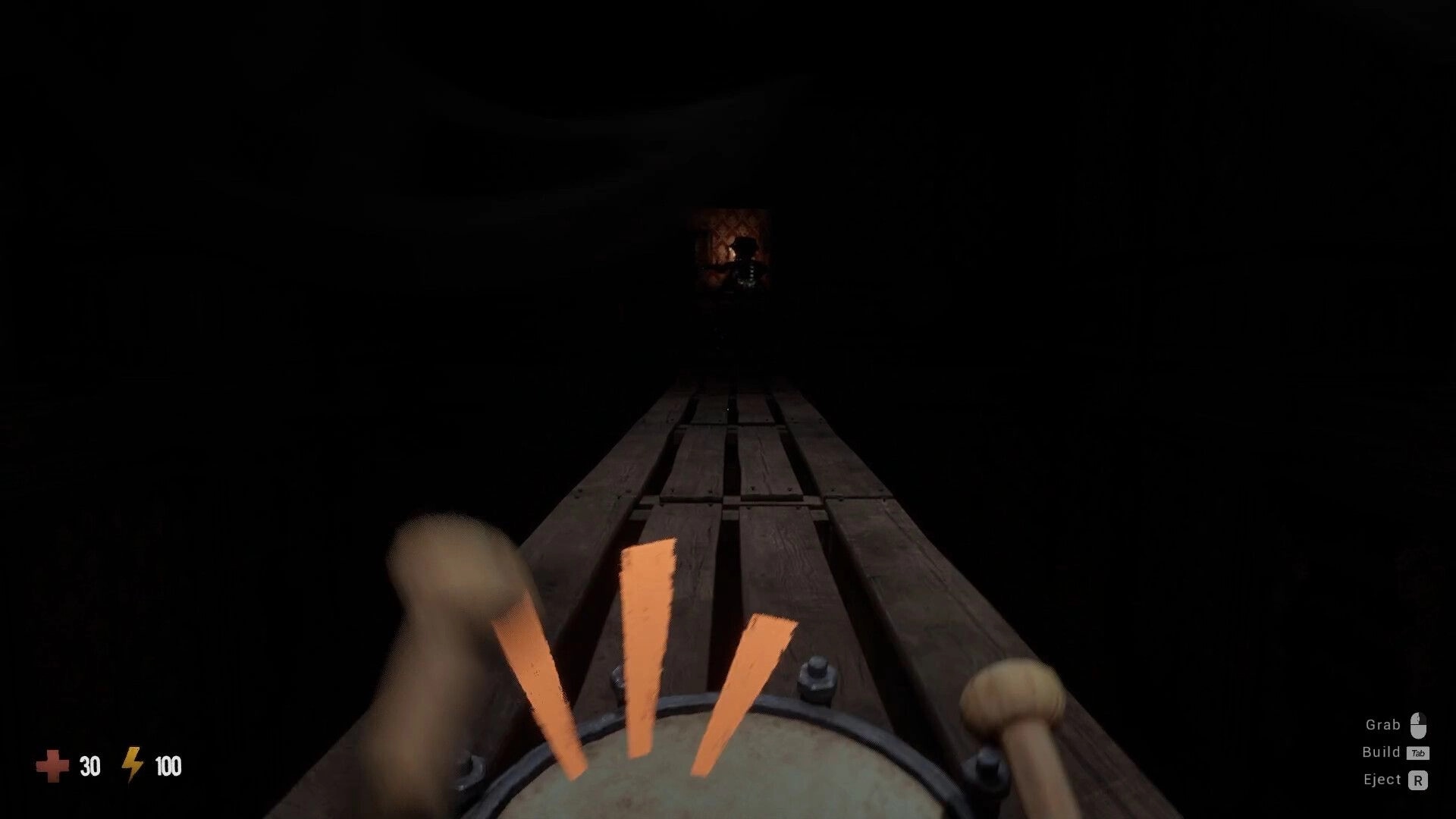 GRAIN ROT: First-person cart ride down a dark wooden track toward a lit doorway, HUD visible.