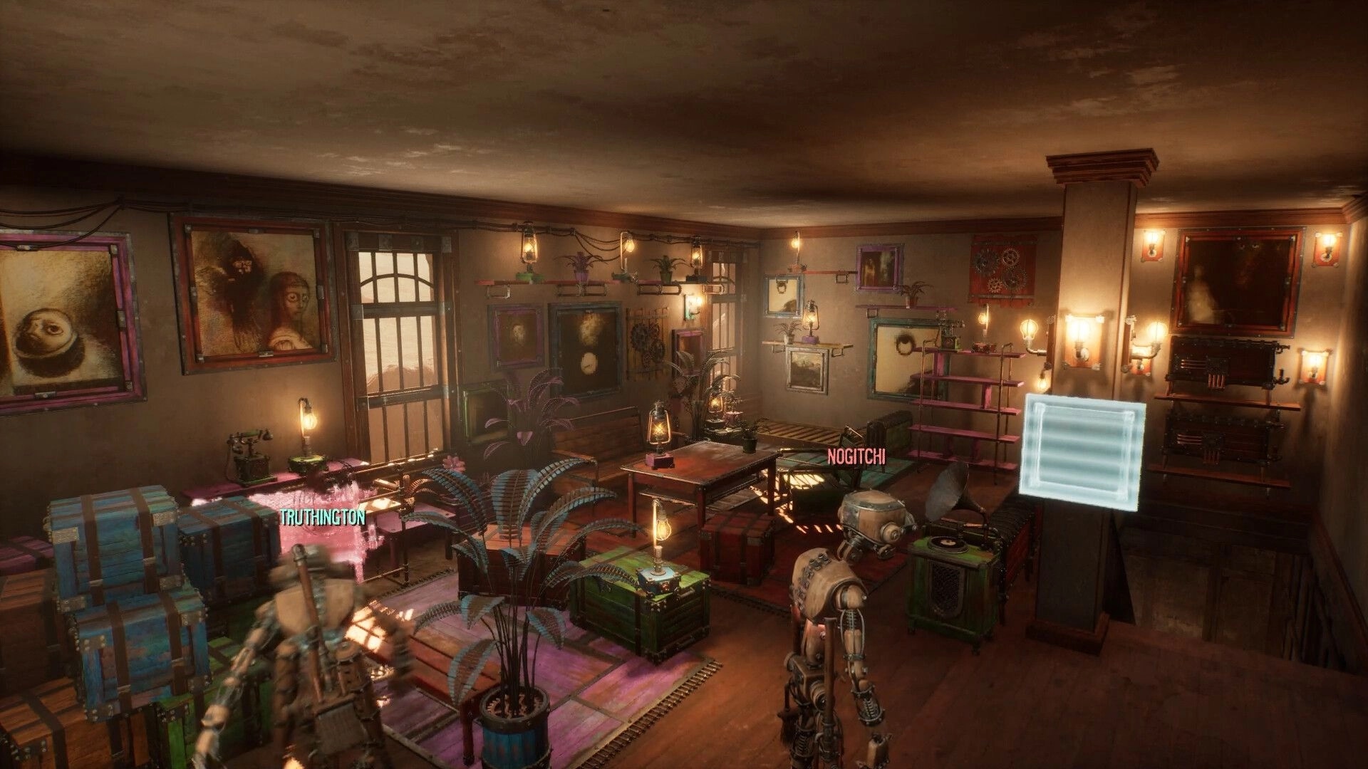 GRAIN ROT: Two players in a decorated outpost room with paintings, lamps, crates, and names HUD.