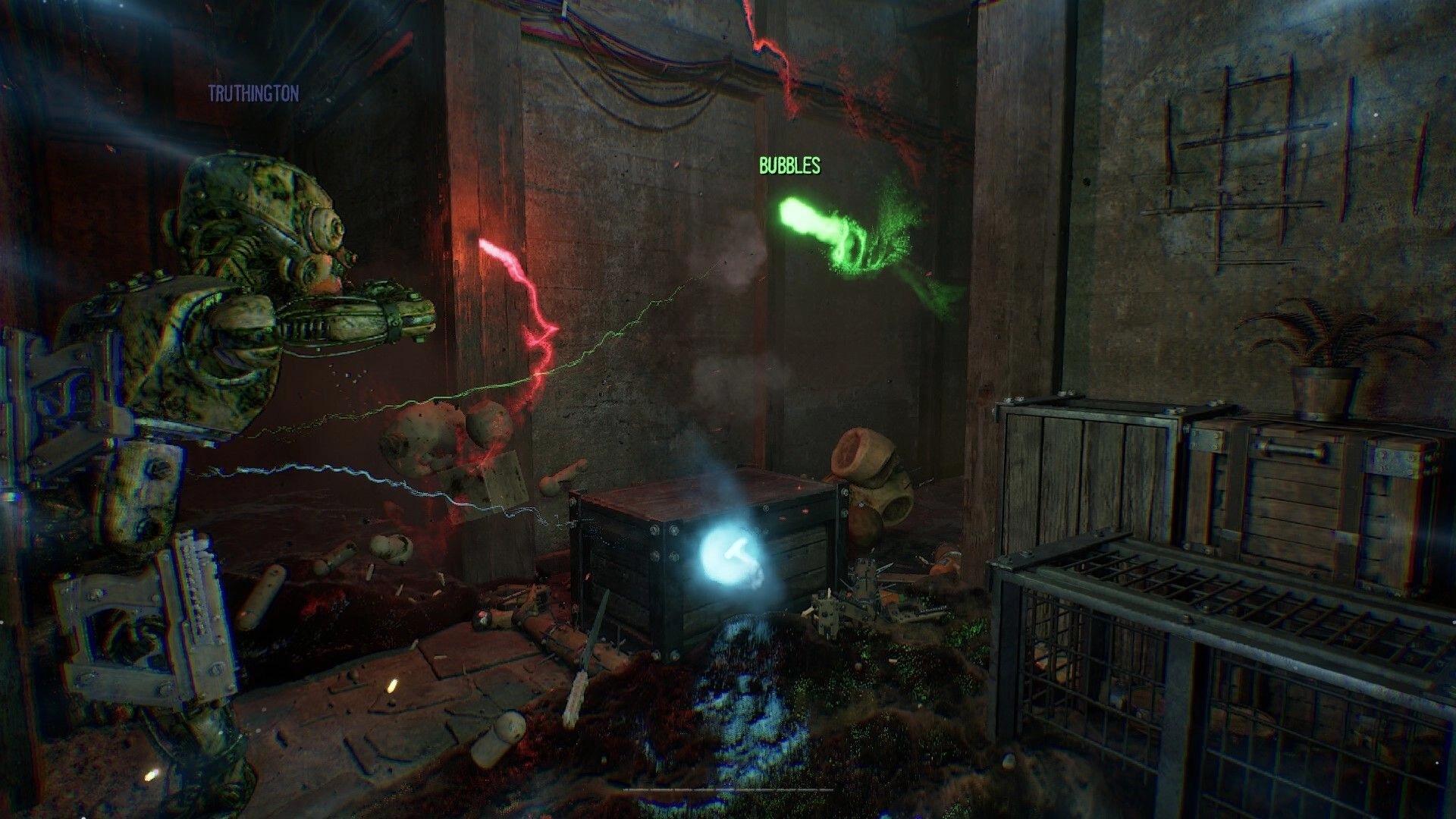 GRAIN ROT: Co-op players fire green energy at a crate in a grimy room filled with debris and cages.