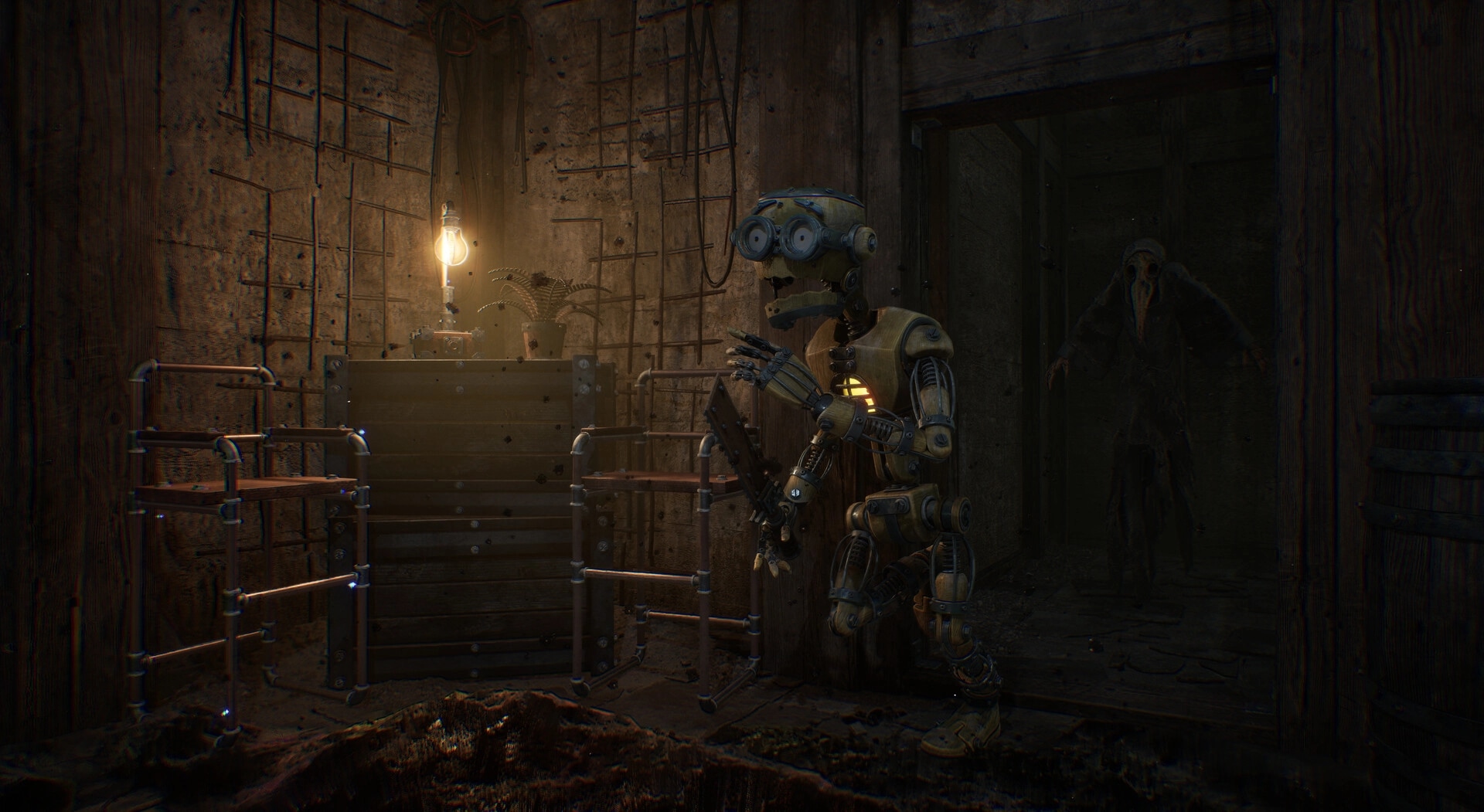 GRAIN ROT: Robot scavenger holds a rifle in a dim bunker room lit by a bare bulb and pipes.