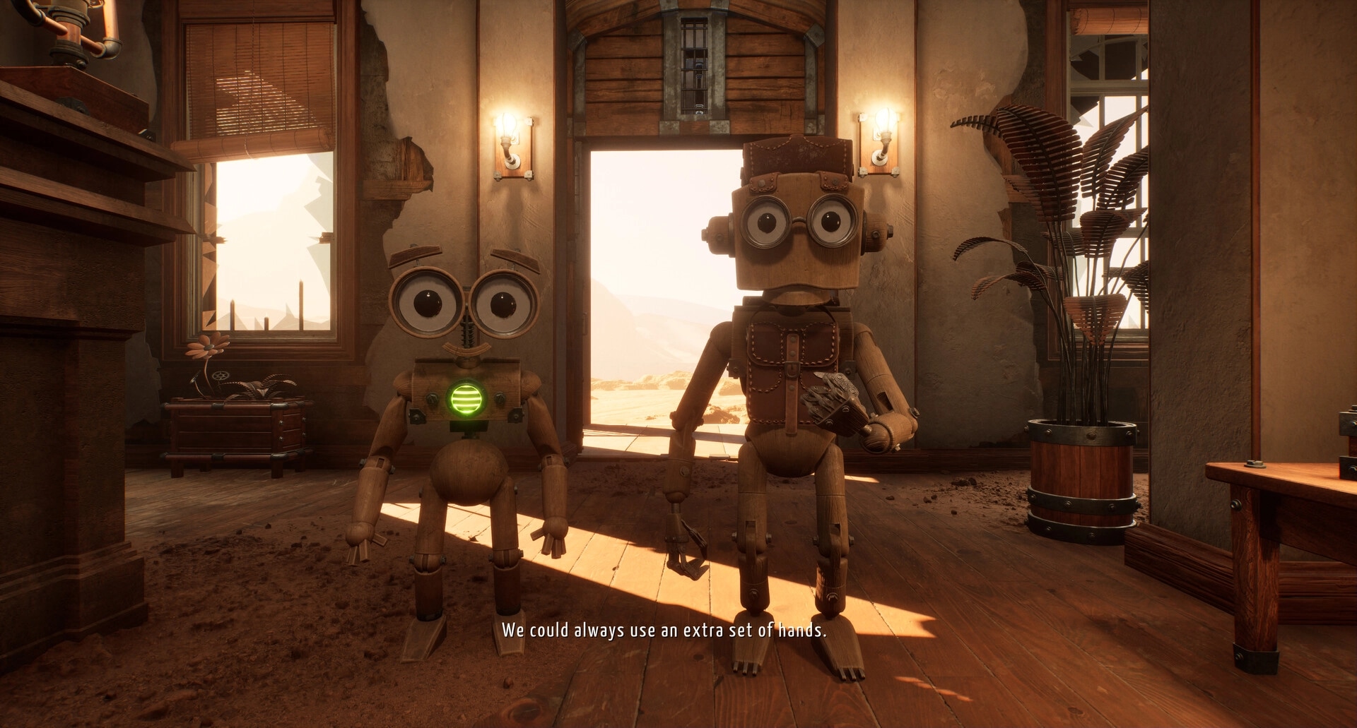 GRAIN ROT: Two wooden robots stand in a dusty room, subtitle reads "We could always use hands.".