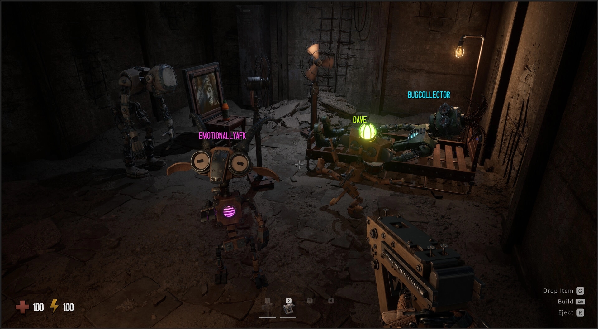 GRAIN ROT: First-person view aiming at robots named DAVE and BUGCOLLECTOR in a dark bunker room.