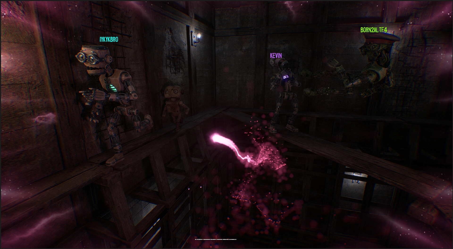 GRAIN ROT: Three robot teammates with name tags in a wooden shaft as a pink energy beam rises below.