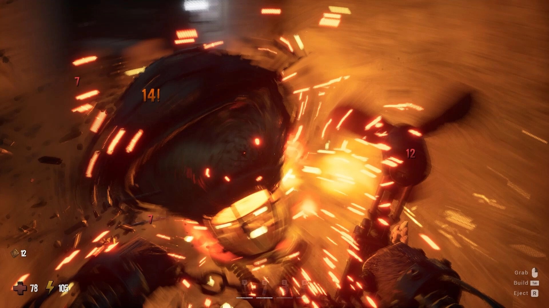 GRAIN ROT: First-person melee hit on a helmeted enemy with sparks and damage numbers in sandy ruins.