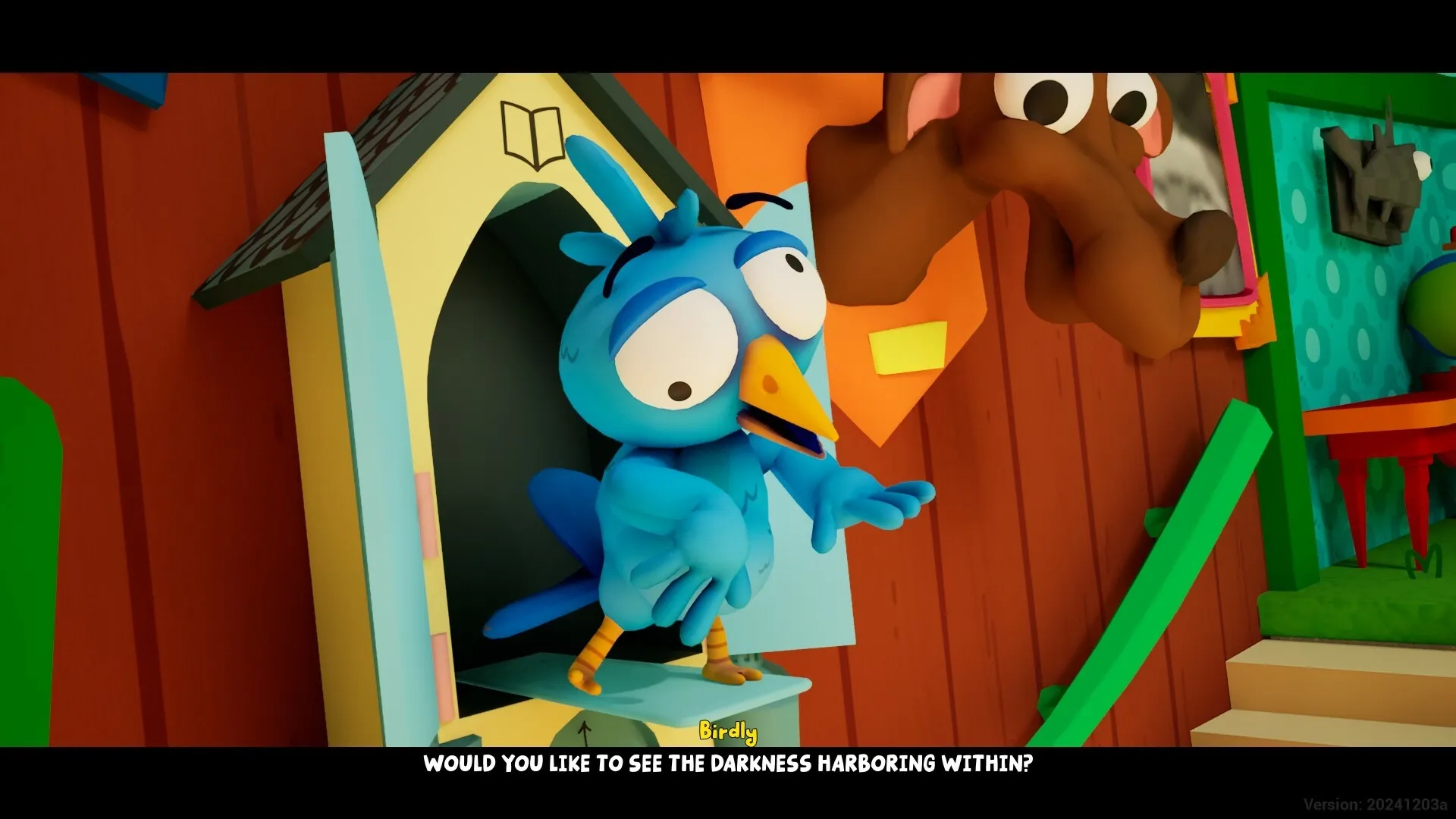 Grandma, No!: Birdly pops out of a cuckoo clock on a colorful wall, asking an ominous question.
