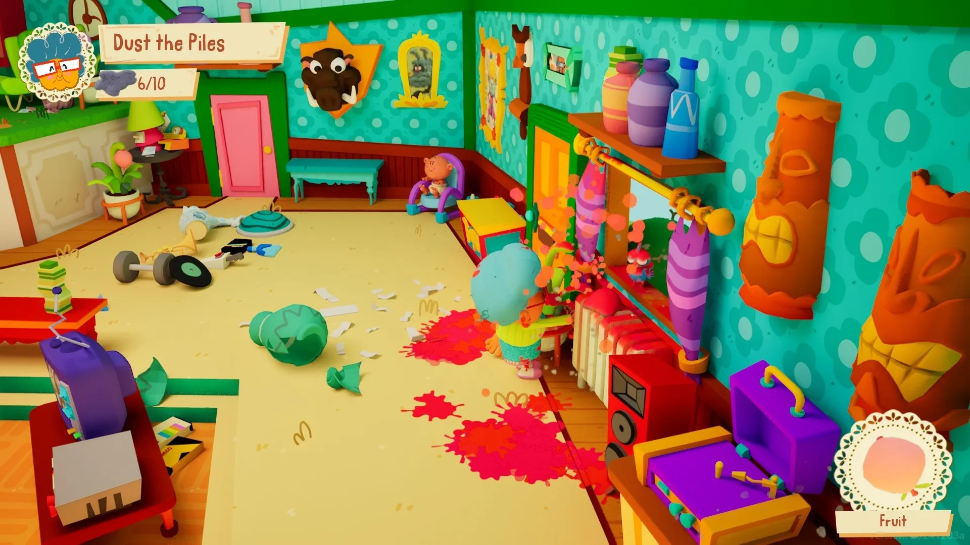 Grandma, No!: Grandma dusts colorful living room with spilled paint and toys scattered everywhere.
