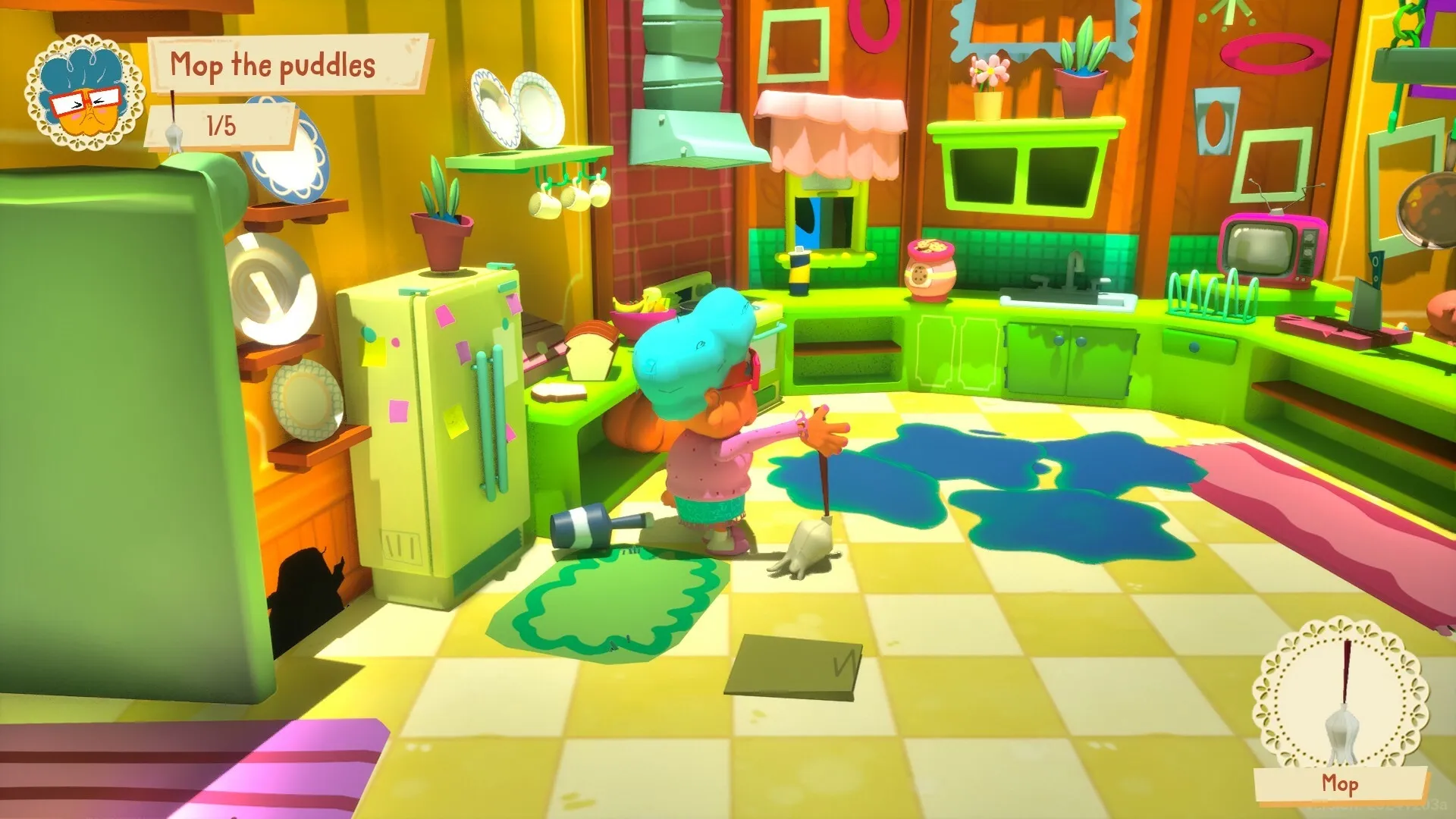 Grandma, No!: Grandma mops colorful puddles in a bright, chaotic kitchen with quirky decor.