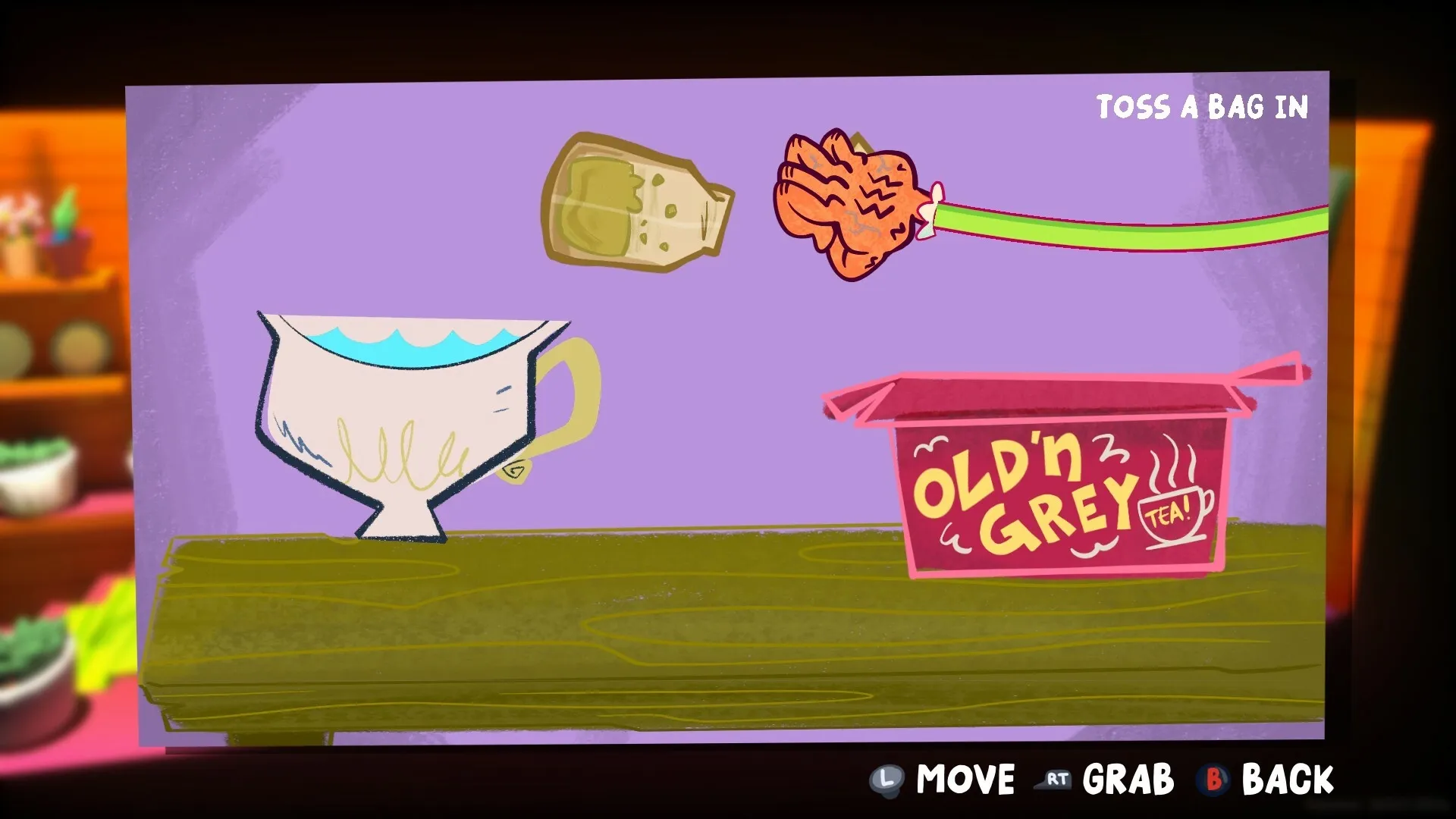 Grandma, No!: Tossing a tea bag into a cup with Old'n Grey tea box on a wooden counter.