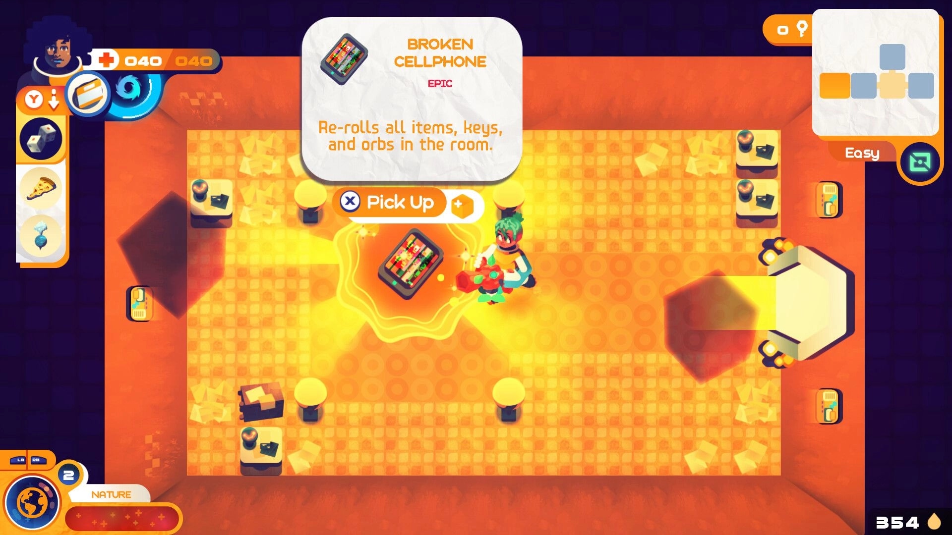 Grashers: Player collecting an epic broken cellphone in a vibrant, orange-tiled room with UI elements visible.