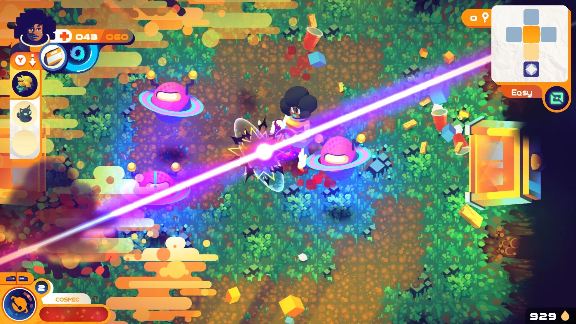Grashers: Character dodging laser beam while battling alien foes in colorful forest clearing
