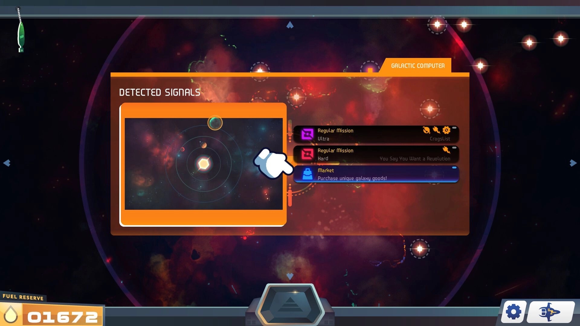 Grashers: Galactic computer interface with mission selection and market option in a cosmic backdrop