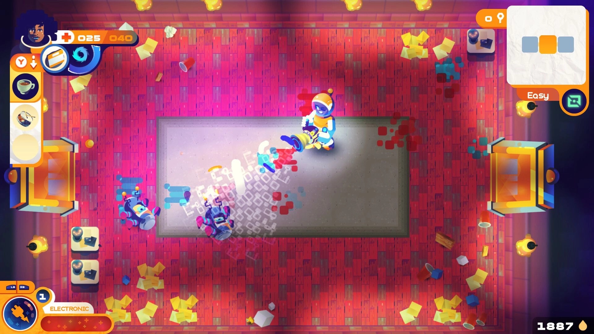 Grashers: Player vacuuming debris and battling robots in a colorful, cluttered room environment