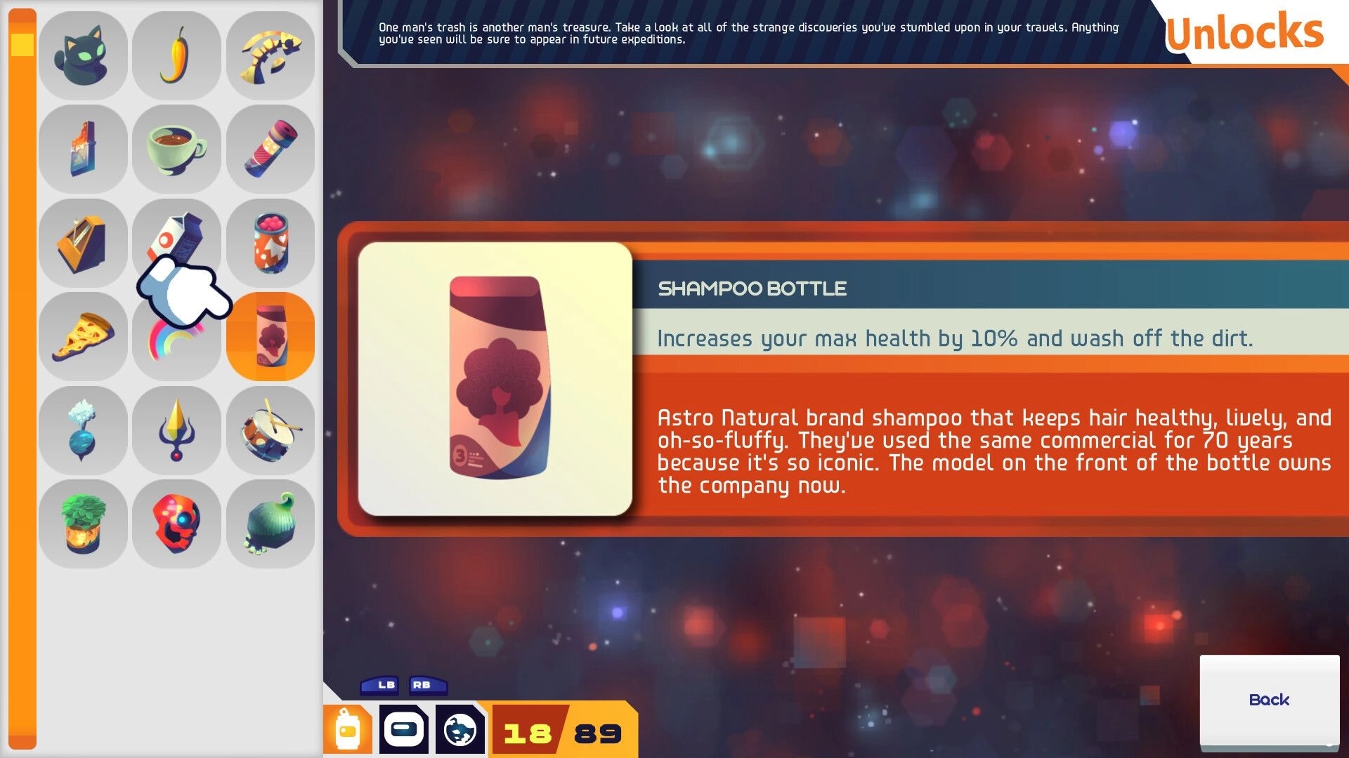 Grashers: Inventory interface featuring items, with a detailed view of a shampoo bottle's effects