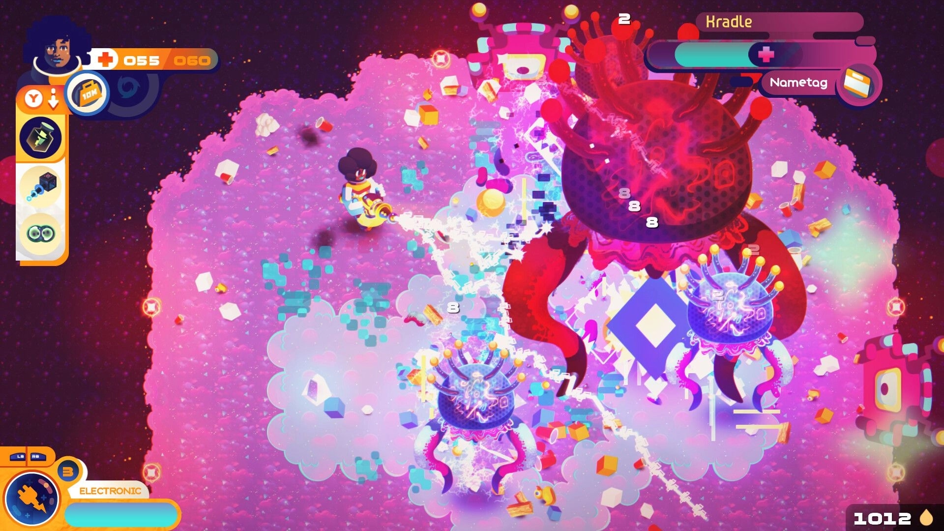 Grashers: Character using vacuum to battle large alien creatures on a pink, crystalline planet surface