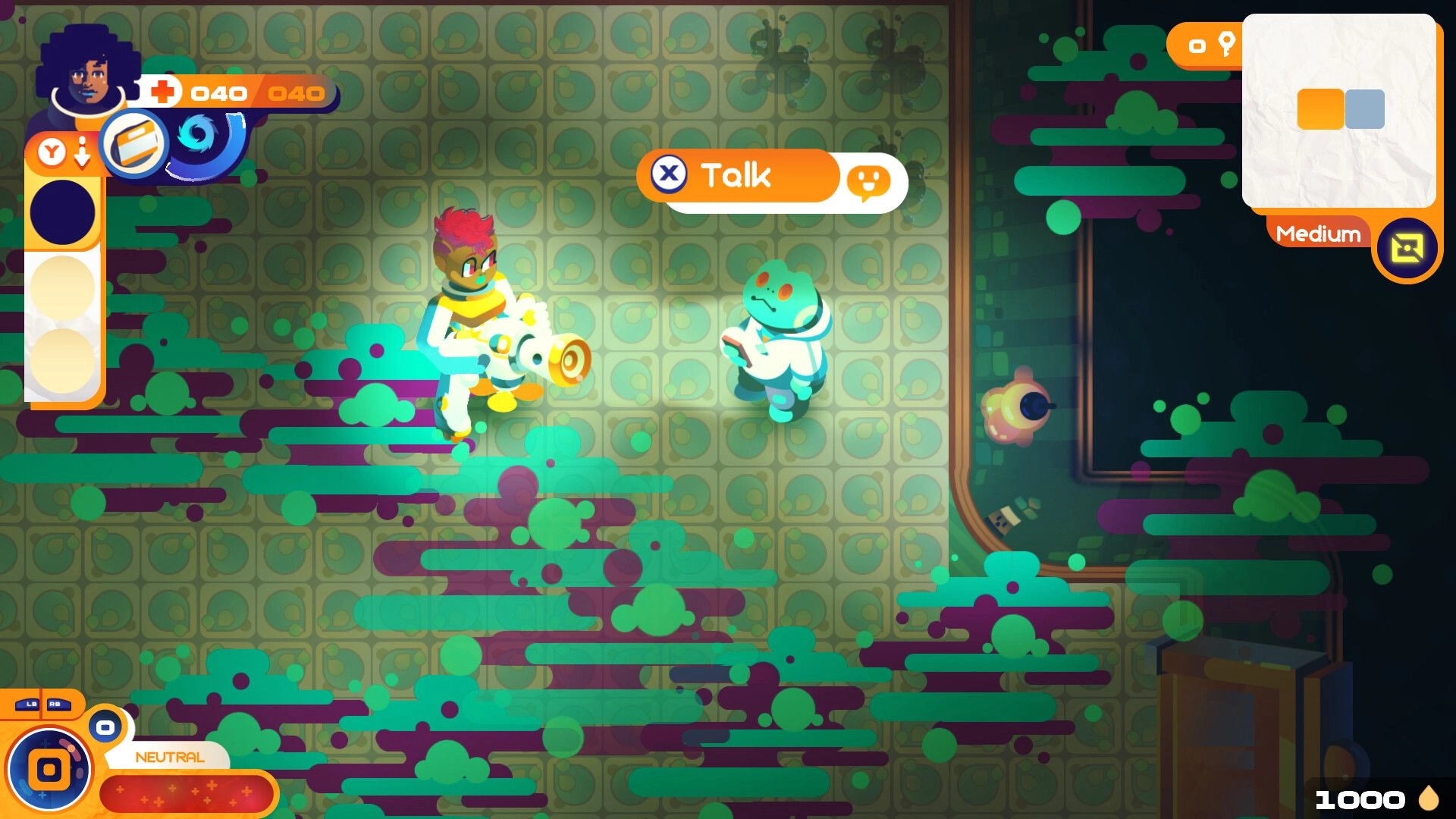 Grashers: Player with vacuum tool talking to frog character in tiled room covered in colorful pollution